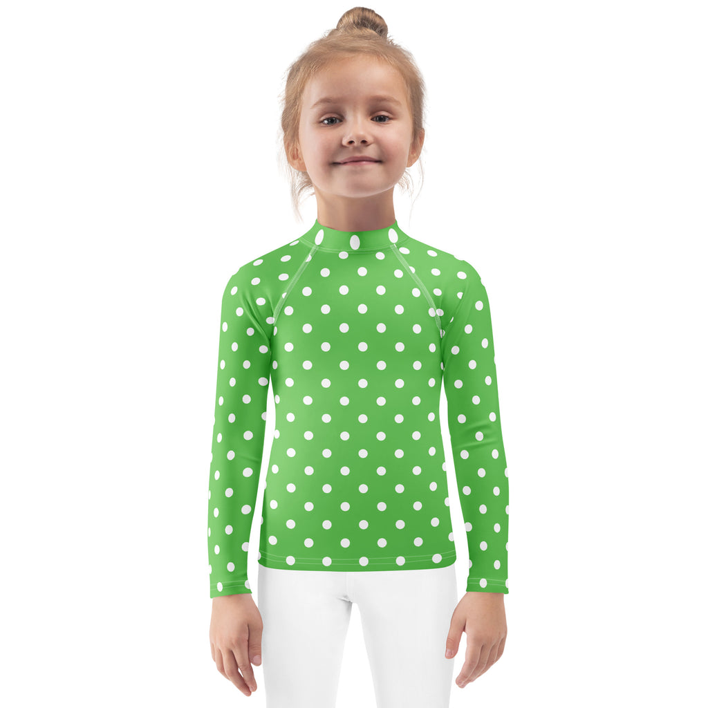 Kids Green Polka Dot Long Sleeve Rash Guard Swim Shirt – Buttery Soft, Sun Safe UPF 50+ Protection, Quick Dry & 4-Way Stretch Comfort