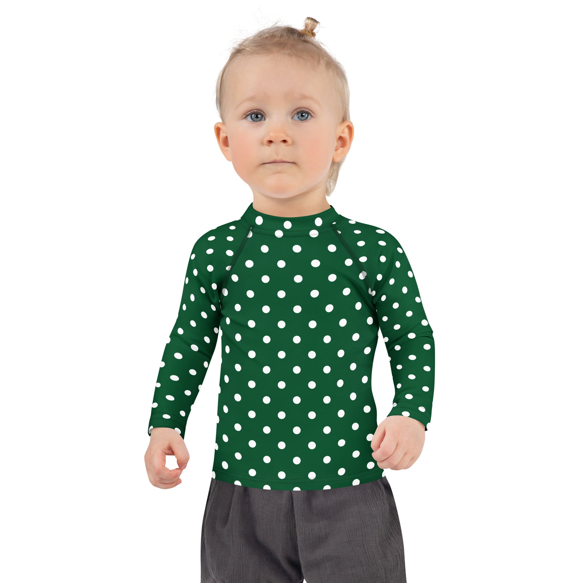 Kids Dark Green Polka Dot Long Sleeve Rash Guard Swim Shirt – Buttery Soft, Sun Safe UPF 50+ Protection, Quick Dry & 4-Way Stretch Comfort