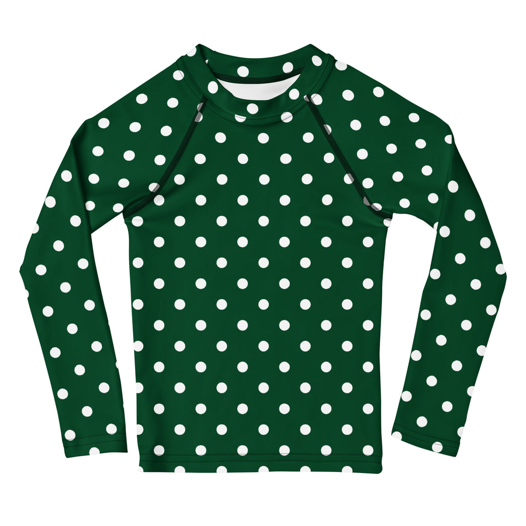 Kids Dark Green Polka Dot Long Sleeve Rash Guard Swim Shirt – Buttery Soft, Sun Safe UPF 50+ Protection, Quick Dry & 4-Way Stretch Comfort