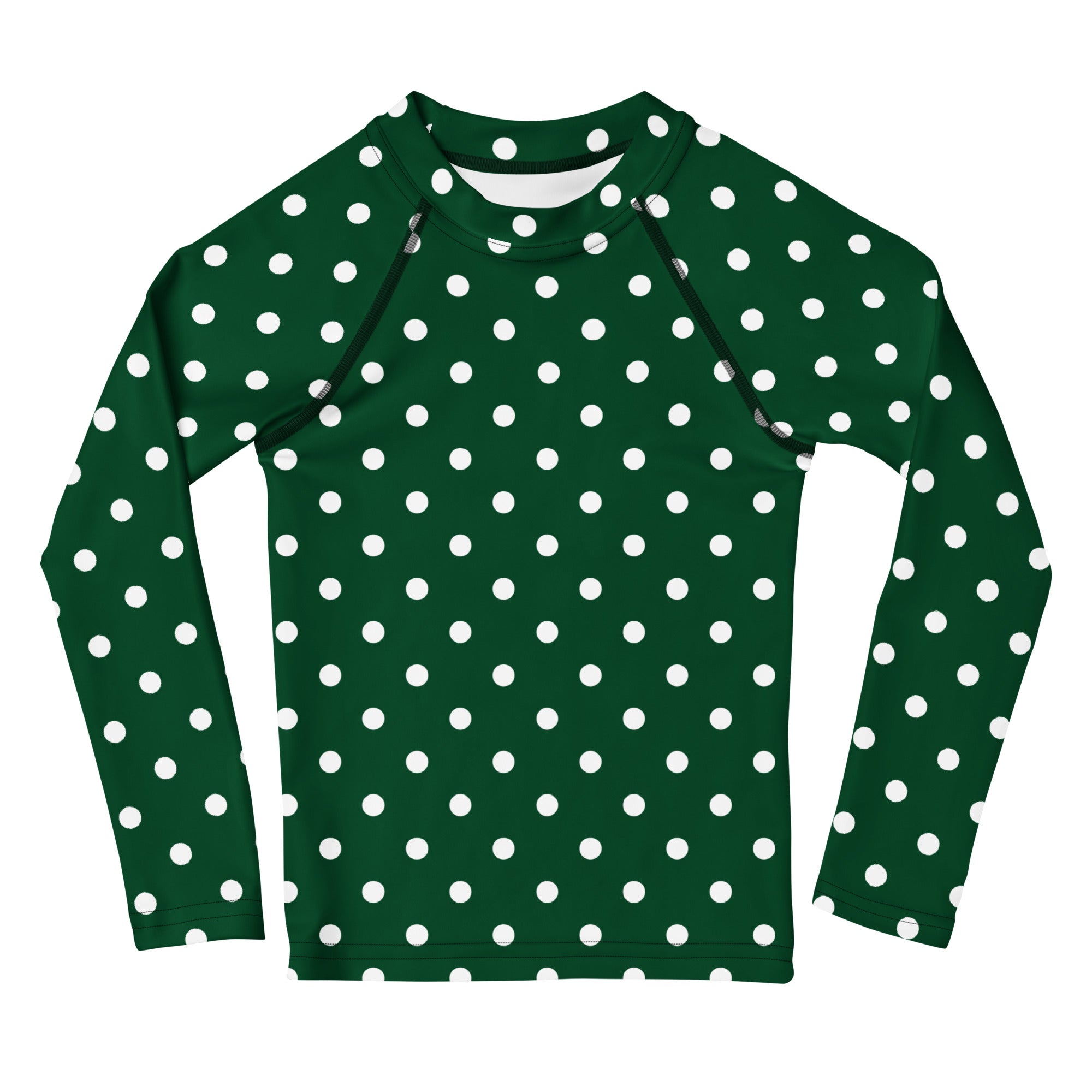Kids Dark Green Polka Dot Long Sleeve Rash Guard Swim Shirt – Buttery Soft, Sun Safe UPF 50+ Protection, Quick Dry & 4-Way Stretch Comfort