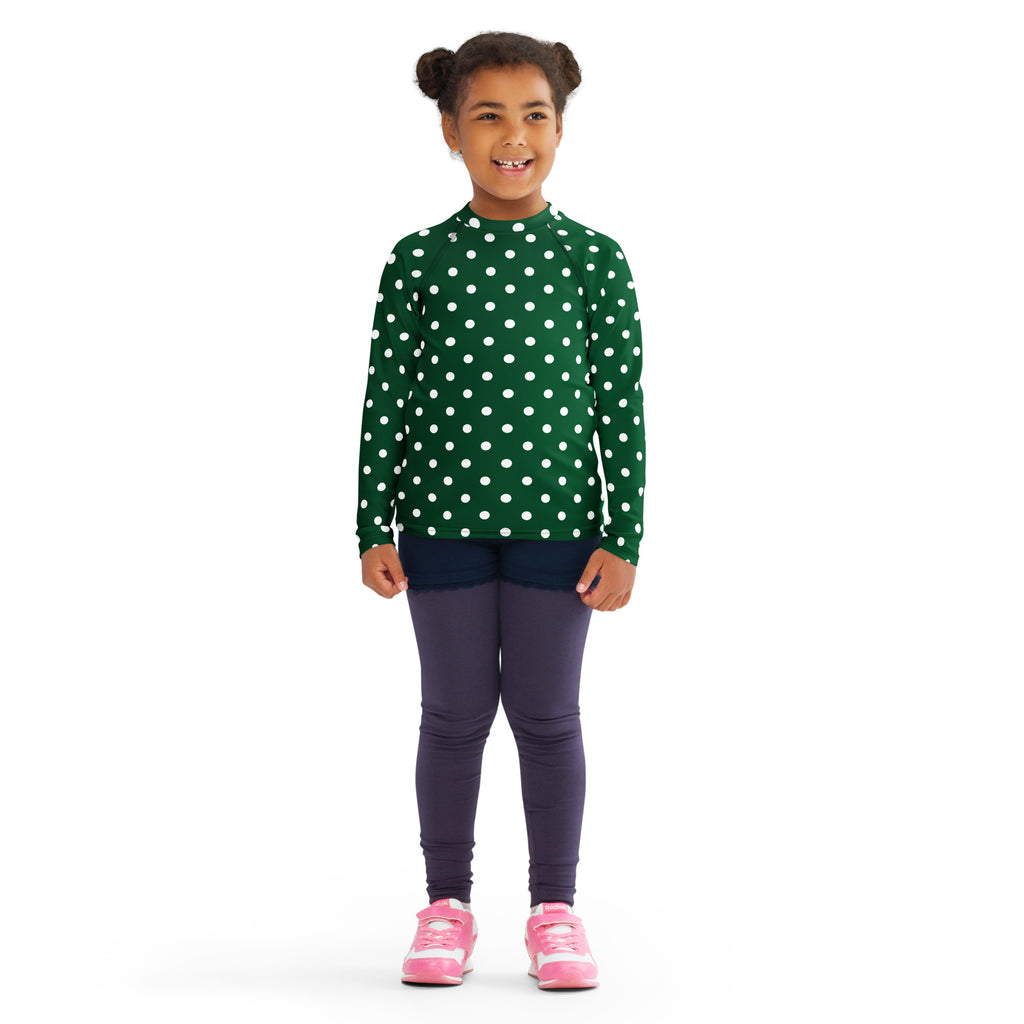 Kids Dark Green Polka Dot Long Sleeve Rash Guard Swim Shirt – Buttery Soft, Sun Safe UPF 50+ Protection, Quick Dry & 4-Way Stretch Comfort