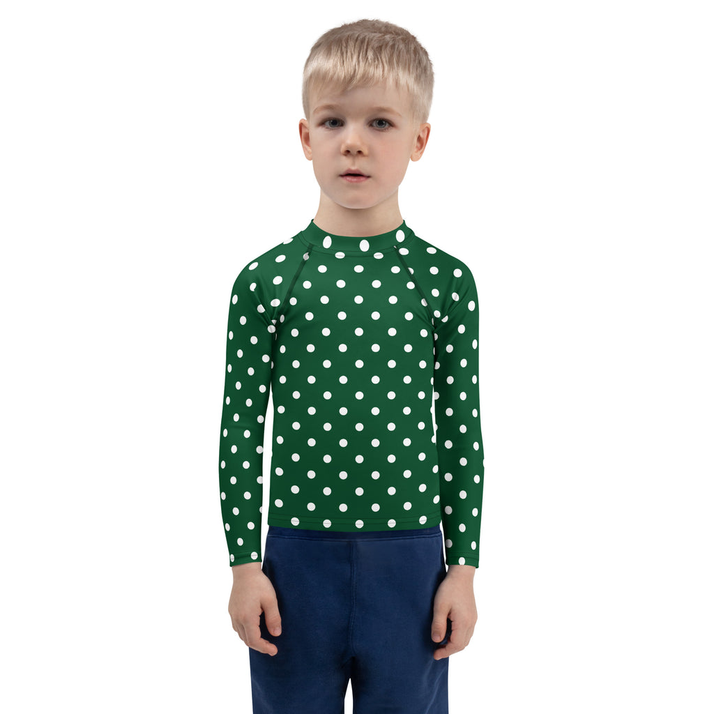 Kids Dark Green Polka Dot Long Sleeve Rash Guard Swim Shirt – Buttery Soft, Sun Safe UPF 50+ Protection, Quick Dry & 4-Way Stretch Comfort