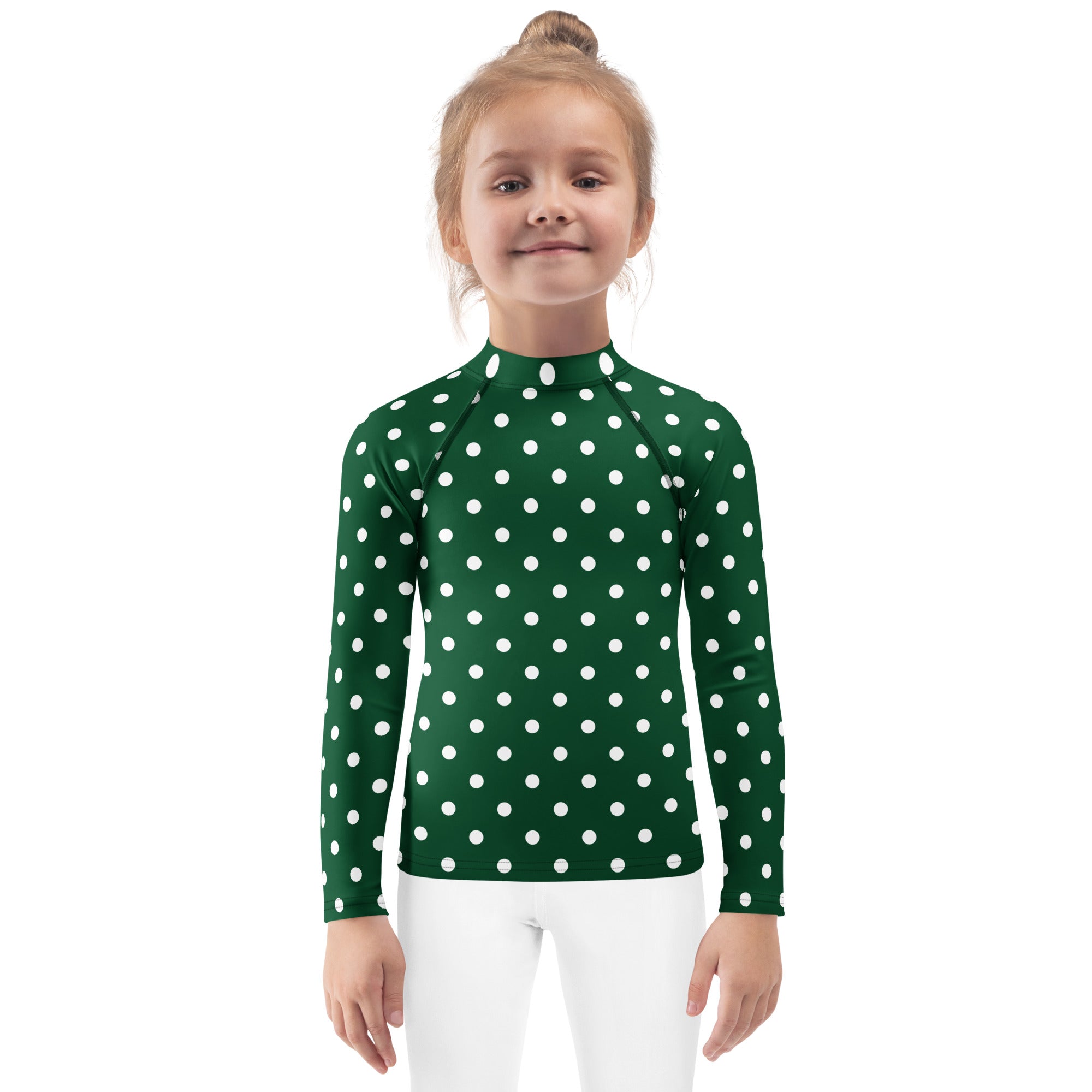 Kids Dark Green Polka Dot Long Sleeve Rash Guard Swim Shirt – Buttery Soft, Sun Safe UPF 50+ Protection, Quick Dry & 4-Way Stretch Comfort