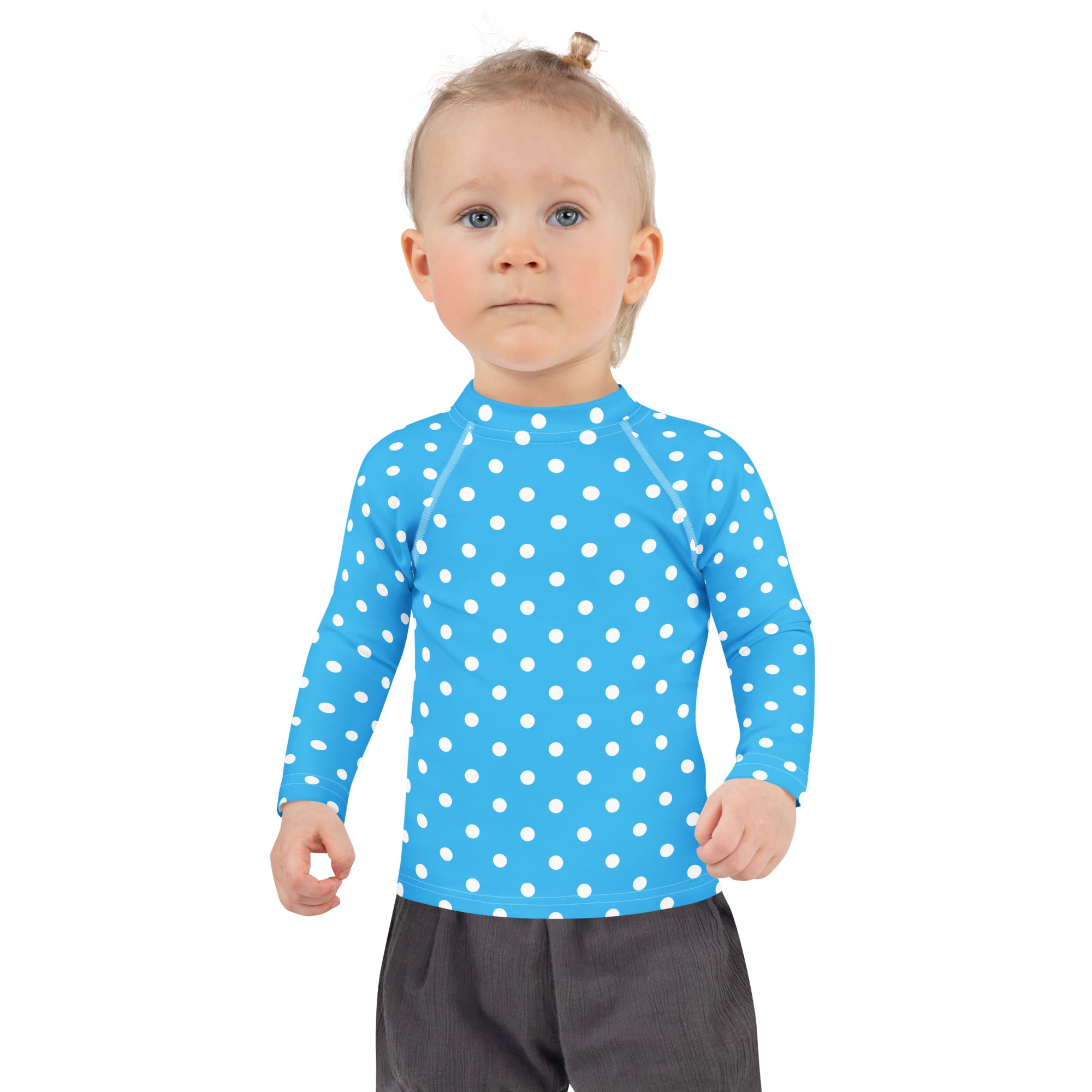 Kids Light Blue Polka Dot Long Sleeve Rash Guard Swim Shirt – Buttery Soft, Sun Safe UPF 50+ Protection, Quick Dry & 4-Way Stretch Comfort