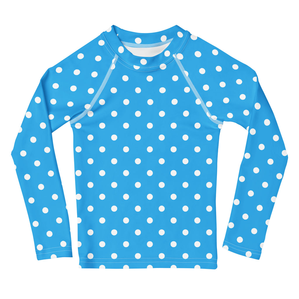 Kids Light Blue Polka Dot Long Sleeve Rash Guard Swim Shirt – Buttery Soft, Sun Safe UPF 50+ Protection, Quick Dry & 4-Way Stretch Comfort