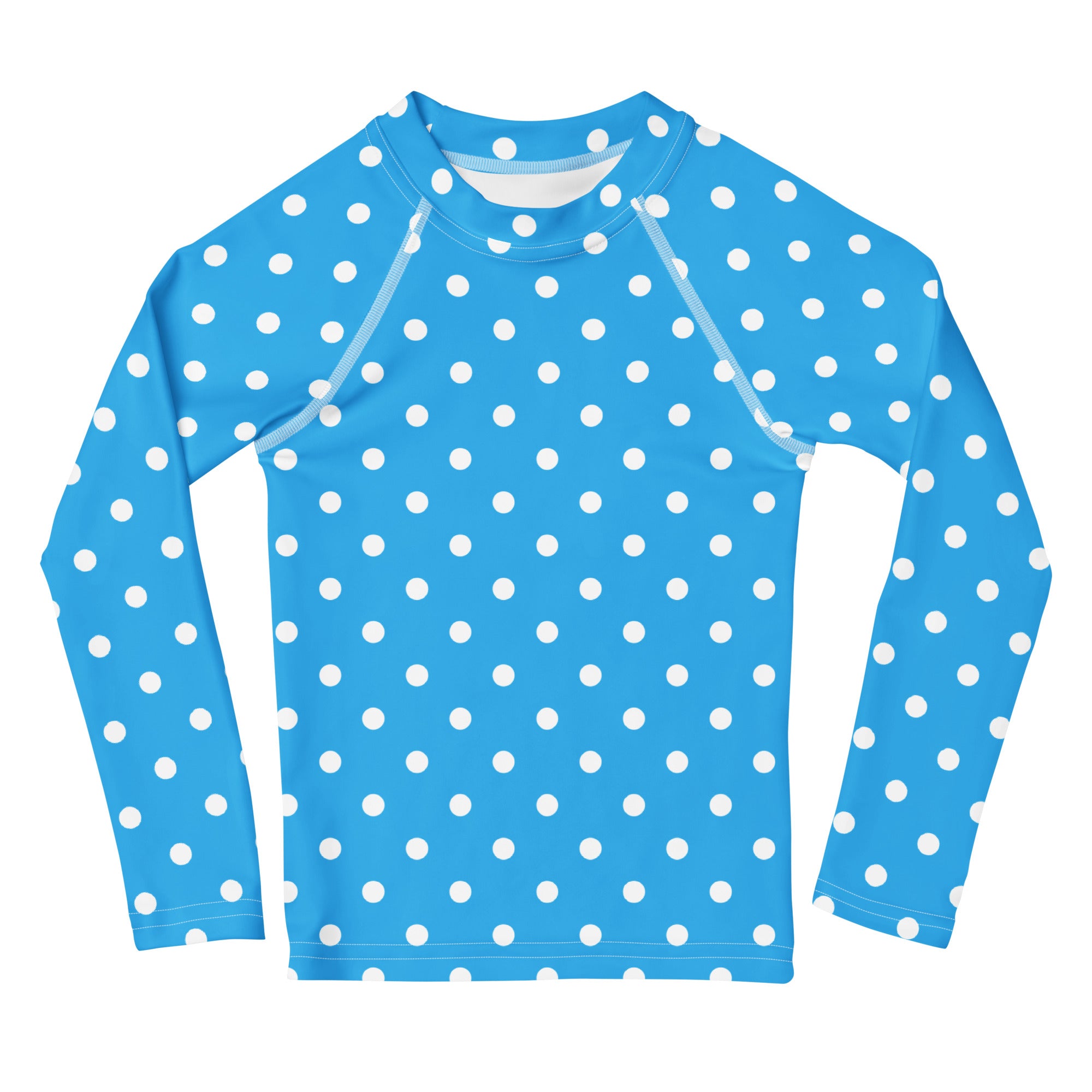 Kids Light Blue Polka Dot Long Sleeve Rash Guard Swim Shirt – Buttery Soft, Sun Safe UPF 50+ Protection, Quick Dry & 4-Way Stretch Comfort