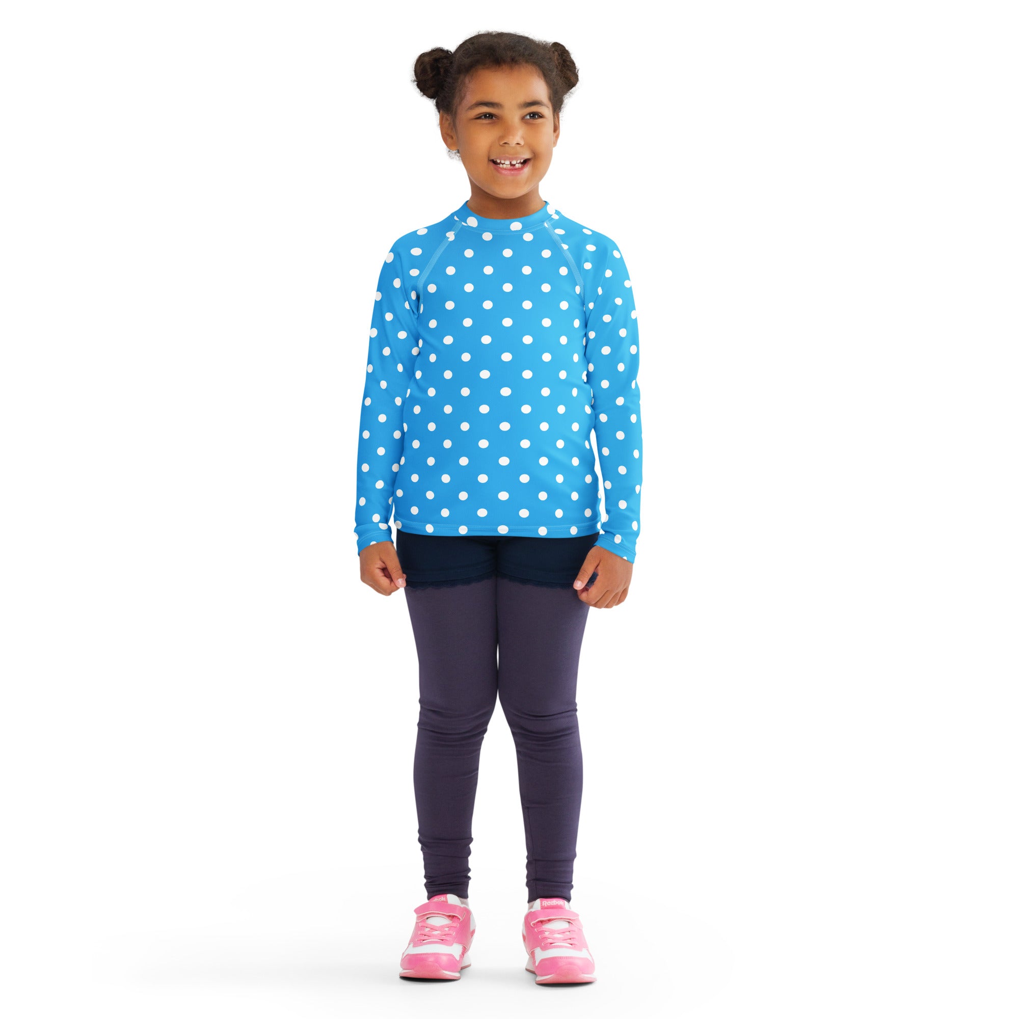 Kids Light Blue Polka Dot Long Sleeve Rash Guard Swim Shirt – Buttery Soft, Sun Safe UPF 50+ Protection, Quick Dry & 4-Way Stretch Comfort