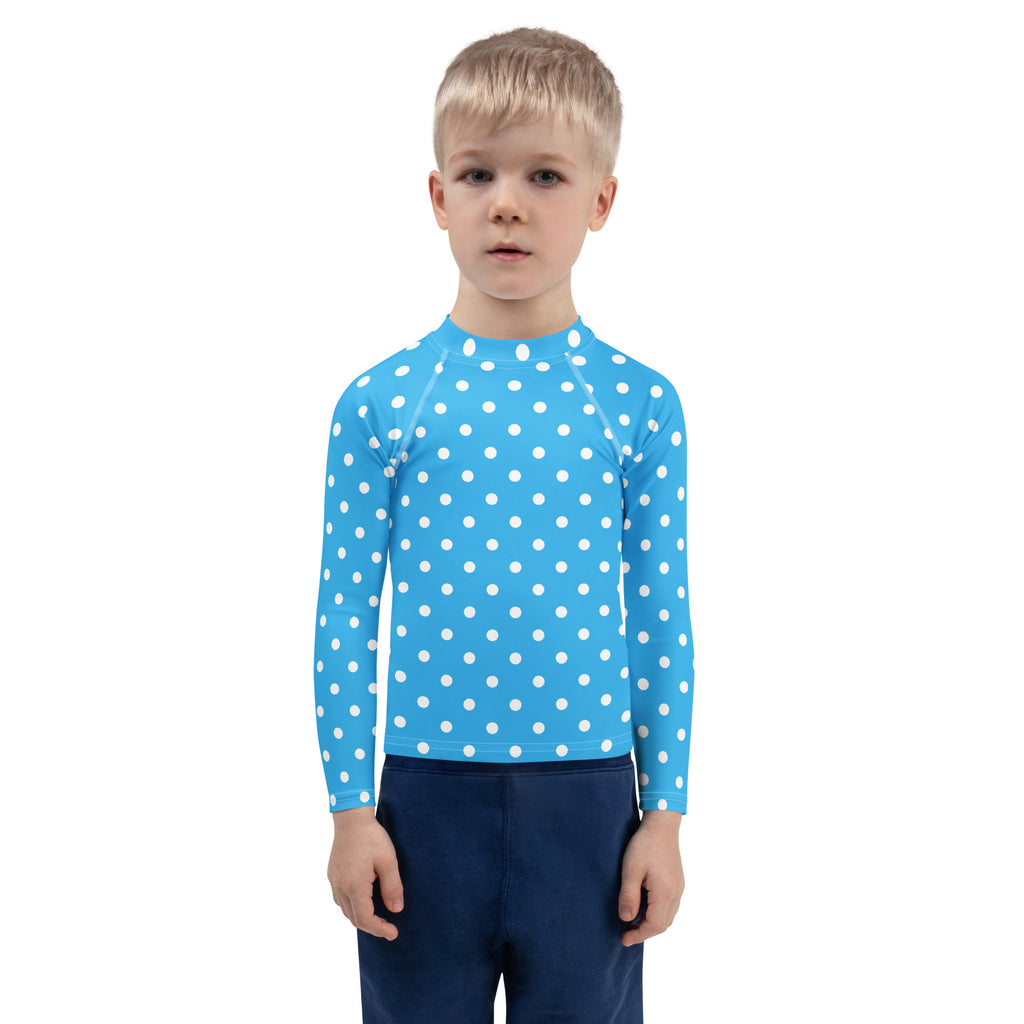 Kids Light Blue Polka Dot Long Sleeve Rash Guard Swim Shirt – Buttery Soft, Sun Safe UPF 50+ Protection, Quick Dry & 4-Way Stretch Comfort