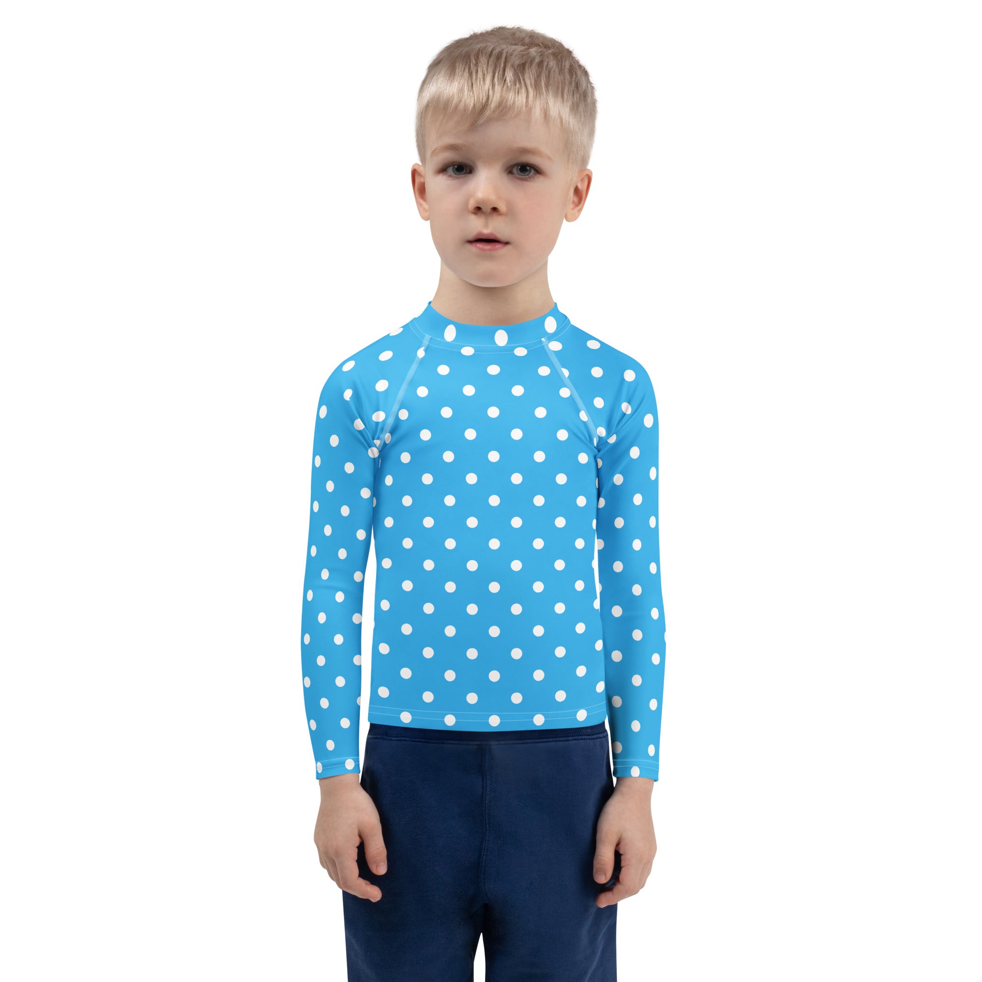 Kids Light Blue Polka Dot Long Sleeve Rash Guard Swim Shirt – Buttery Soft, Sun Safe UPF 50+ Protection, Quick Dry & 4-Way Stretch Comfort