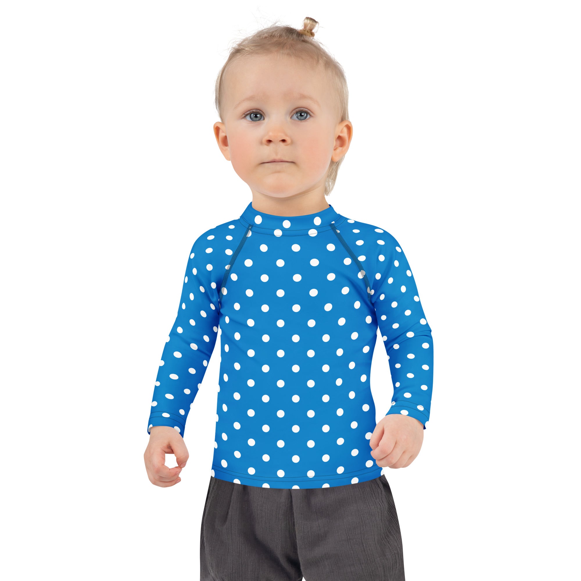 Kids Royal Blue Polka Dot Long Sleeve Rash Guard Swim Shirt – Buttery Soft, Sun Safe UPF 50+ Protection, Quick Dry & 4-Way Stretch Comfort