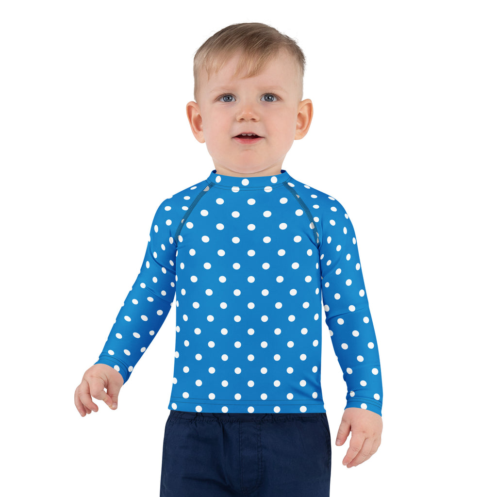Kids Royal Blue Polka Dot Long Sleeve Rash Guard Swim Shirt – Buttery Soft, Sun Safe UPF 50+ Protection, Quick Dry & 4-Way Stretch Comfort