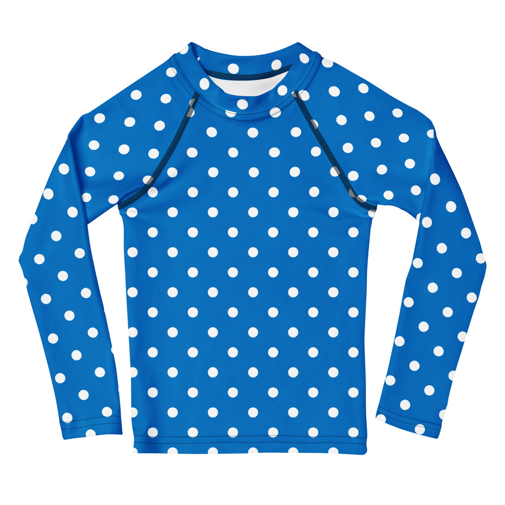 Kids Royal Blue Polka Dot Long Sleeve Rash Guard Swim Shirt – Buttery Soft, Sun Safe UPF 50+ Protection, Quick Dry & 4-Way Stretch Comfort