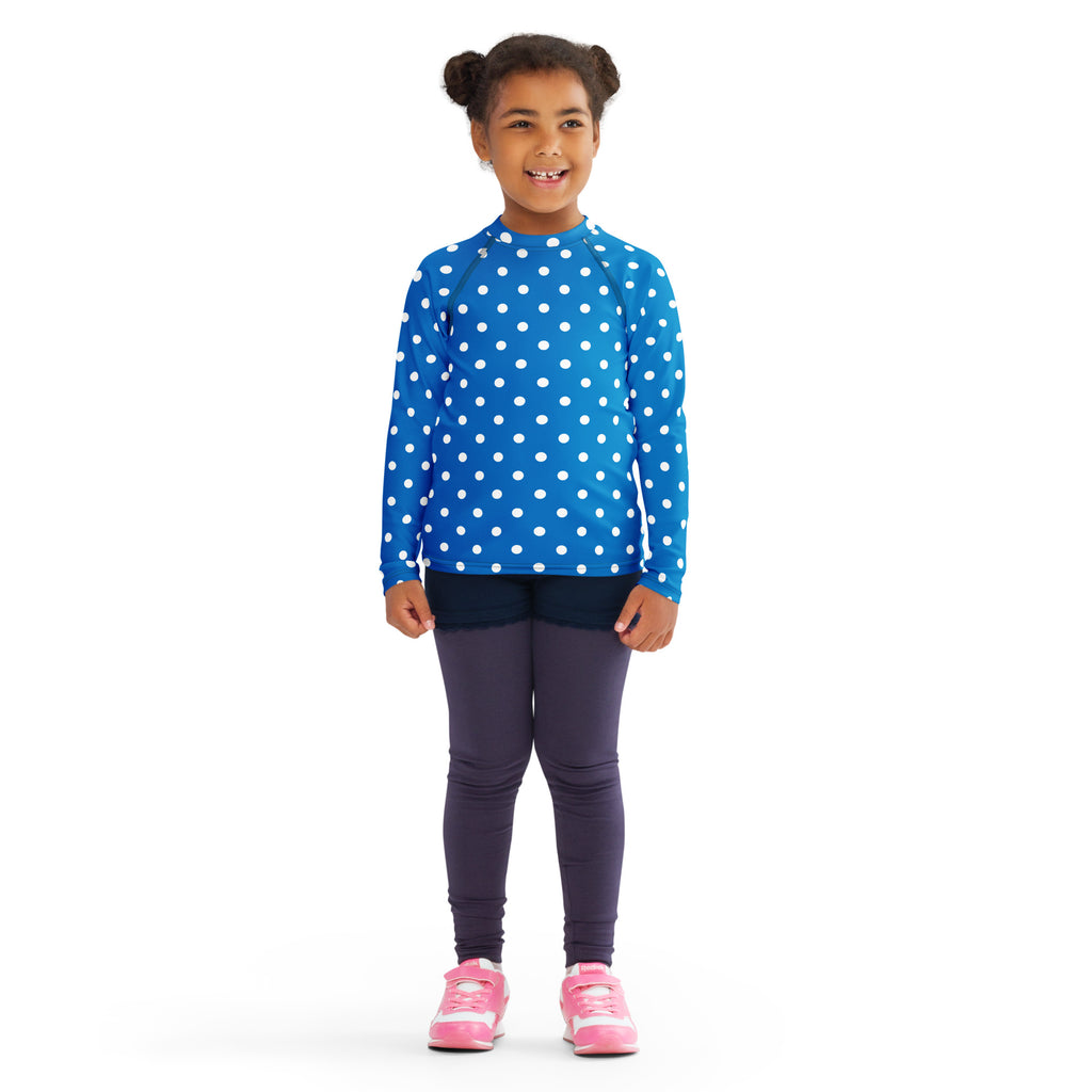 Kids Royal Blue Polka Dot Long Sleeve Rash Guard Swim Shirt – Buttery Soft, Sun Safe UPF 50+ Protection, Quick Dry & 4-Way Stretch Comfort