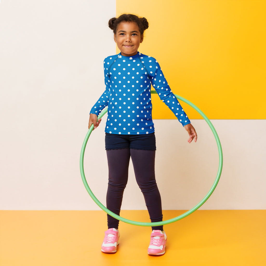 Kids Royal Blue Polka Dot Long Sleeve Rash Guard Swim Shirt – Buttery Soft, Sun Safe UPF 50+ Protection, Quick Dry & 4-Way Stretch Comfort