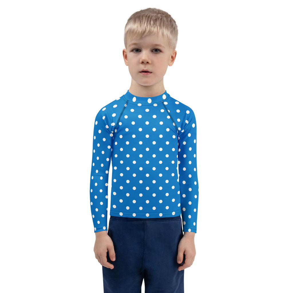 Kids Royal Blue Polka Dot Long Sleeve Rash Guard Swim Shirt – Buttery Soft, Sun Safe UPF 50+ Protection, Quick Dry & 4-Way Stretch Comfort