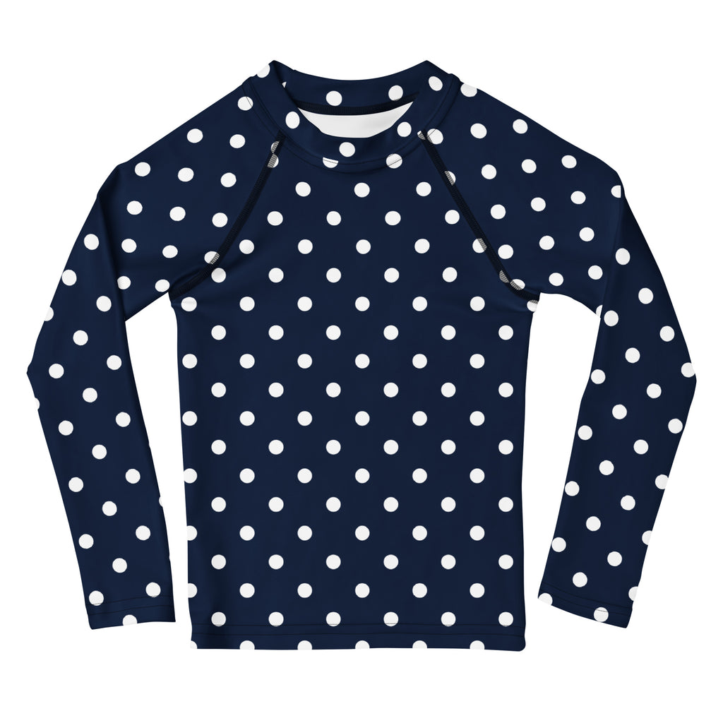 Kids Navy Blue Polka Dot Long Sleeve Rash Guard Swim Shirt – Buttery Soft, Sun Safe UPF 50+ Protection, Quick Dry & 4-Way Stretch Comfort