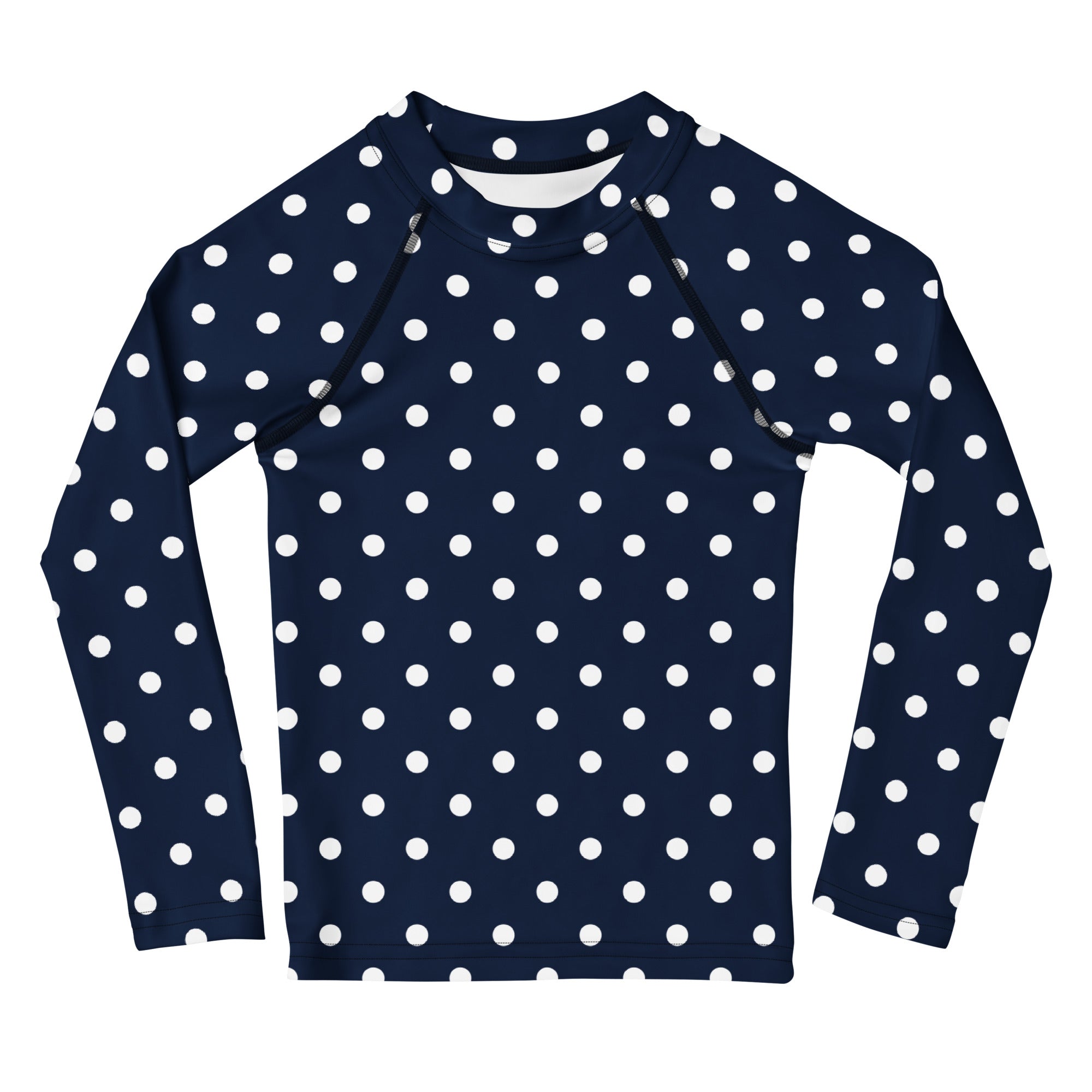 Kids Navy Blue Polka Dot Long Sleeve Rash Guard Swim Shirt – Buttery Soft, Sun Safe UPF 50+ Protection, Quick Dry & 4-Way Stretch Comfort