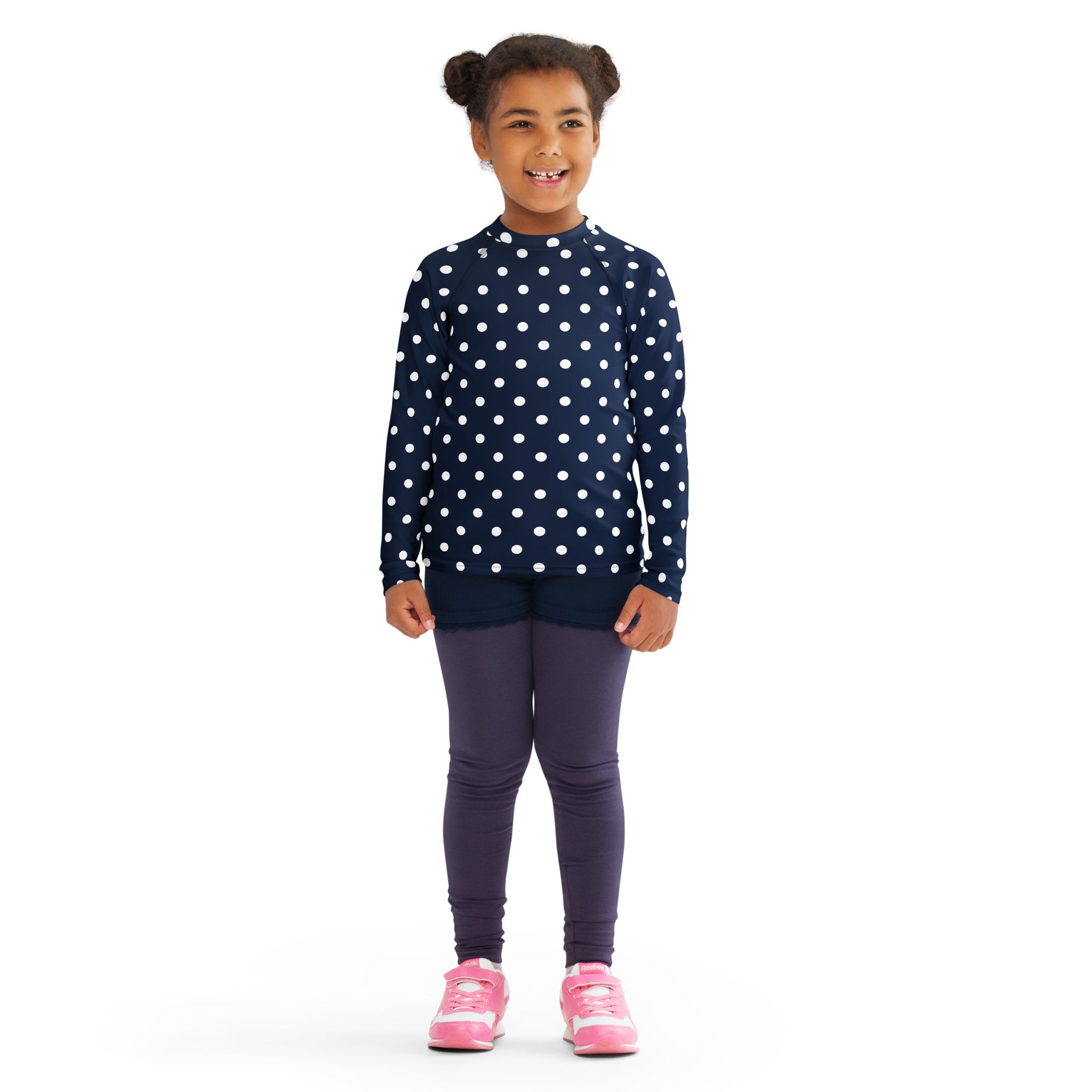 Kids Navy Blue Polka Dot Long Sleeve Rash Guard Swim Shirt – Buttery Soft, Sun Safe UPF 50+ Protection, Quick Dry & 4-Way Stretch Comfort