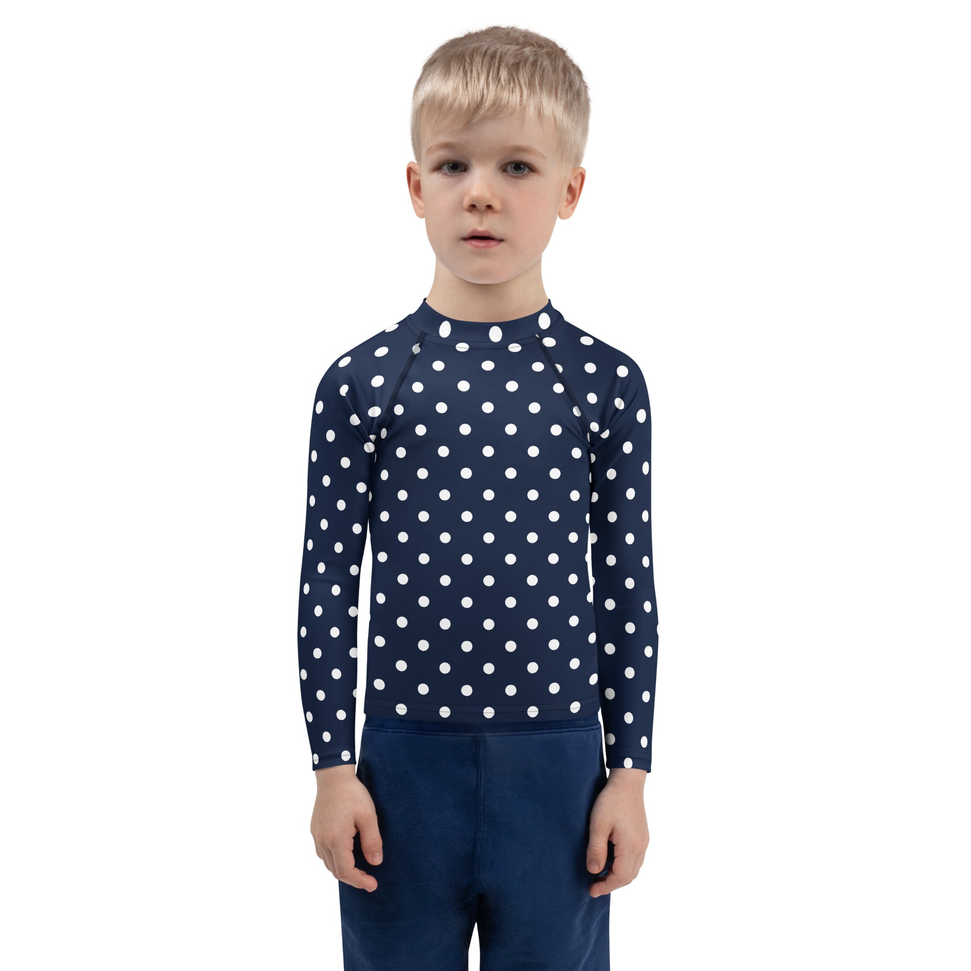 Kids Navy Blue Polka Dot Long Sleeve Rash Guard Swim Shirt – Buttery Soft, Sun Safe UPF 50+ Protection, Quick Dry & 4-Way Stretch Comfort