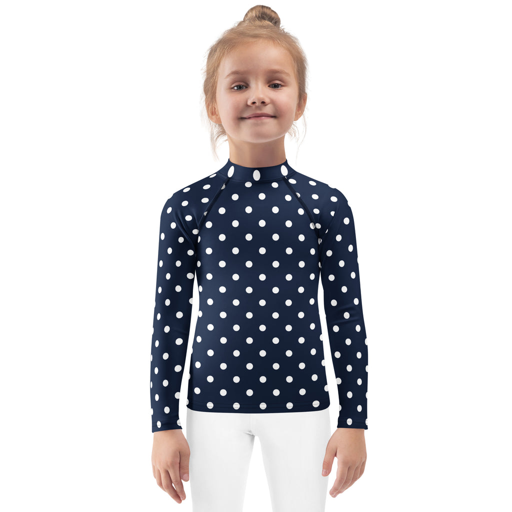 Kids Navy Blue Polka Dot Long Sleeve Rash Guard Swim Shirt – Buttery Soft, Sun Safe UPF 50+ Protection, Quick Dry & 4-Way Stretch Comfort