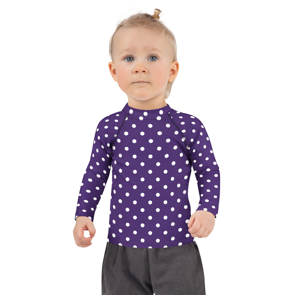 Girls Dark Purple Polka Dot Long Sleeve Rash Guard Swim Shirt – Buttery Soft, Sun Safe UPF 50+ Protection, Quick Dry & 4-Way Stretch Comfort