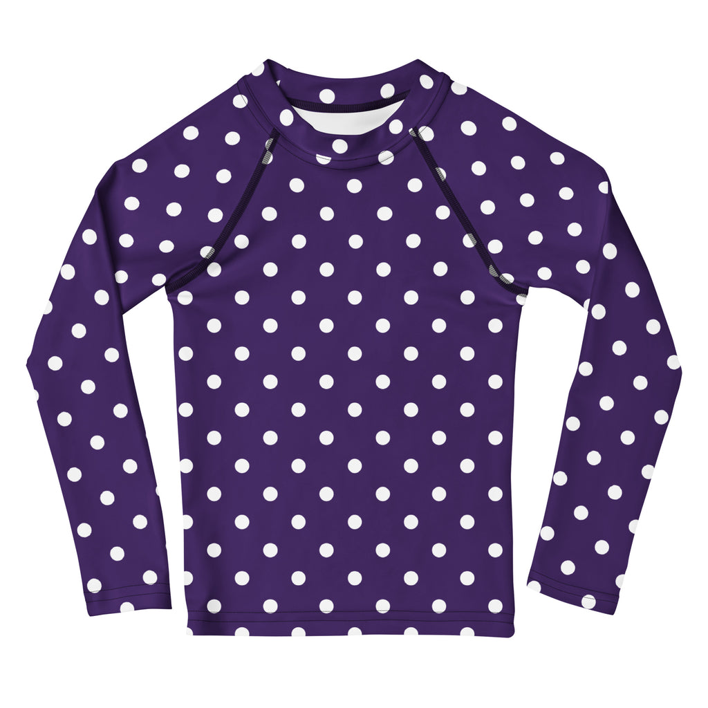 Girls Dark Purple Polka Dot Long Sleeve Rash Guard Swim Shirt – Buttery Soft, Sun Safe UPF 50+ Protection, Quick Dry & 4-Way Stretch Comfort
