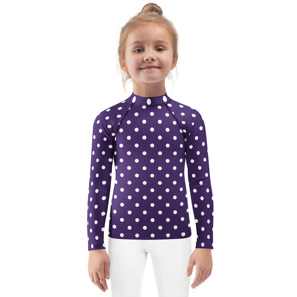 Girls Dark Purple Polka Dot Long Sleeve Rash Guard Swim Shirt – Buttery Soft, Sun Safe UPF 50+ Protection, Quick Dry & 4-Way Stretch Comfort