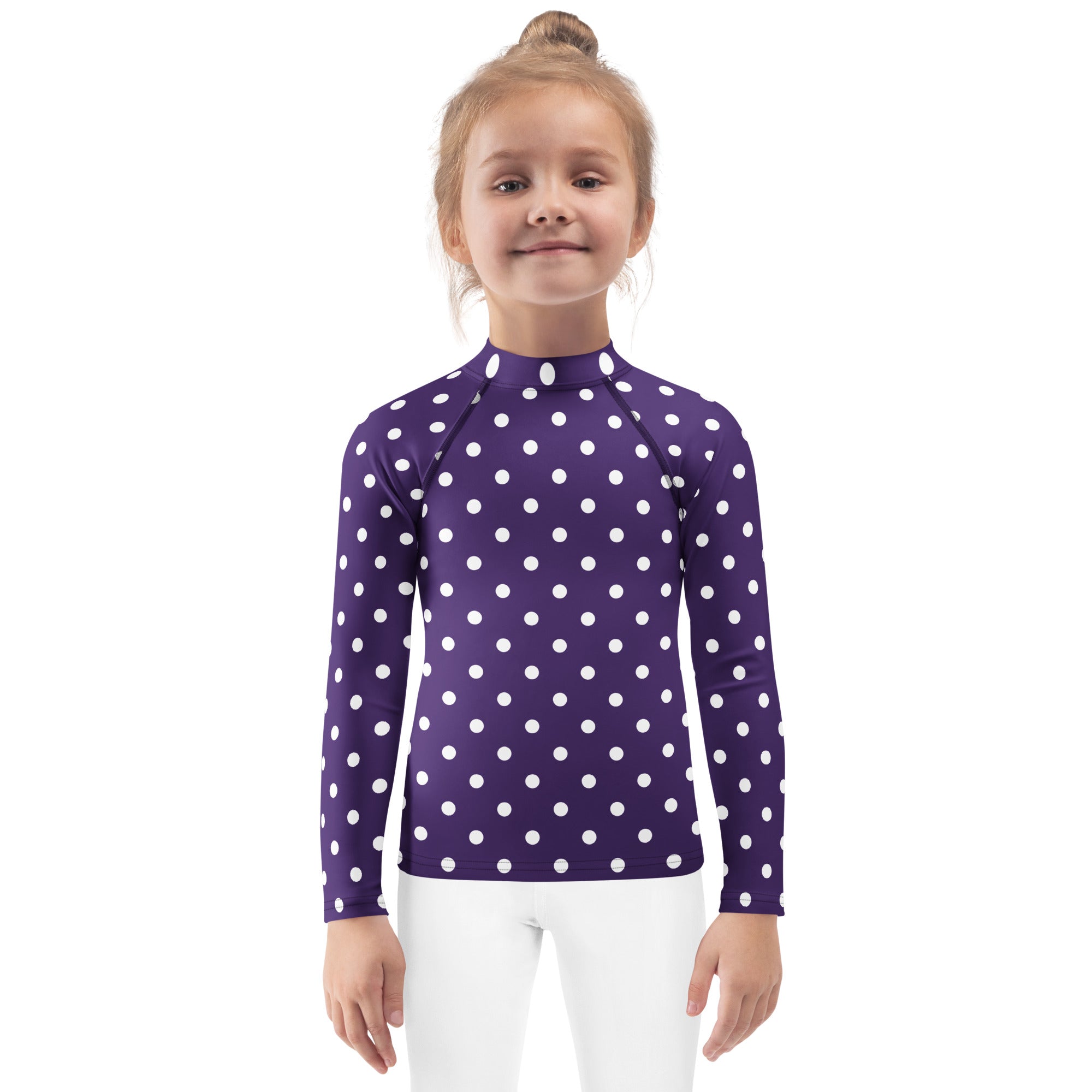 Girls Dark Purple Polka Dot Long Sleeve Rash Guard Swim Shirt – Buttery Soft, Sun Safe UPF 50+ Protection, Quick Dry & 4-Way Stretch Comfort