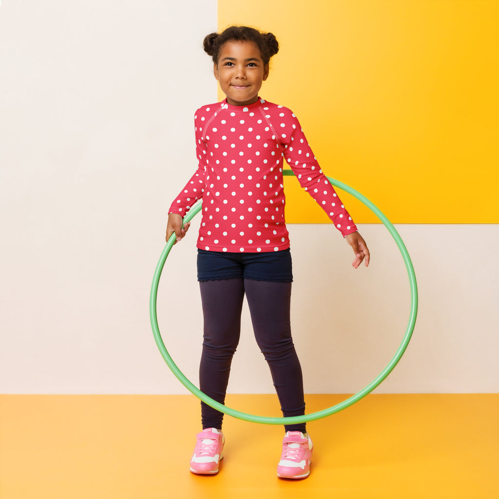 Girls Bright Pink Polka Dot Long Sleeve Rash Guard Swim Shirt – Buttery Soft, Sun Safe UPF 50+ Protection, Quick Dry & 4-Way Stretch Comfort