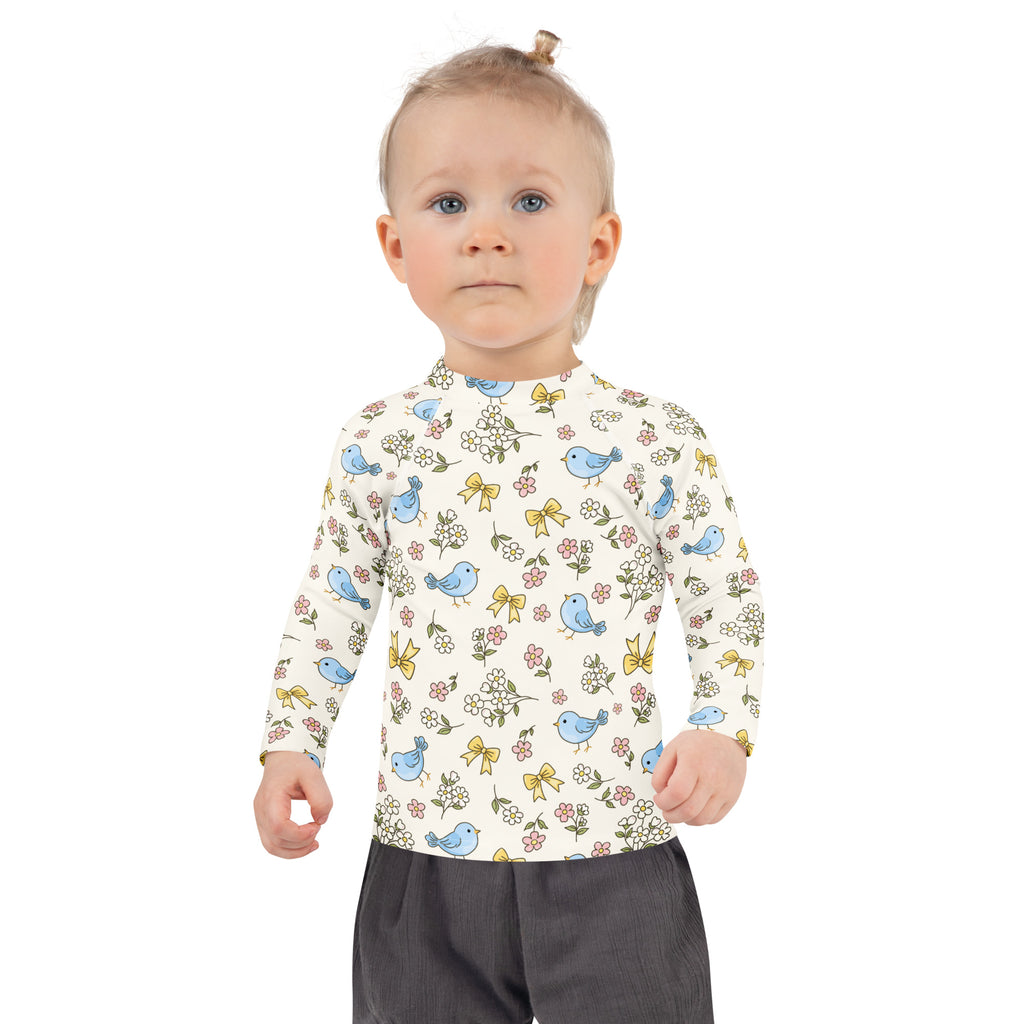 Kids Blue Bird Floral Long Sleeve Rash Guard Swim Shirt – Buttery Soft, Sun Safe UPF 50+ Protection, Quick Dry & 4-Way Stretch Comfort