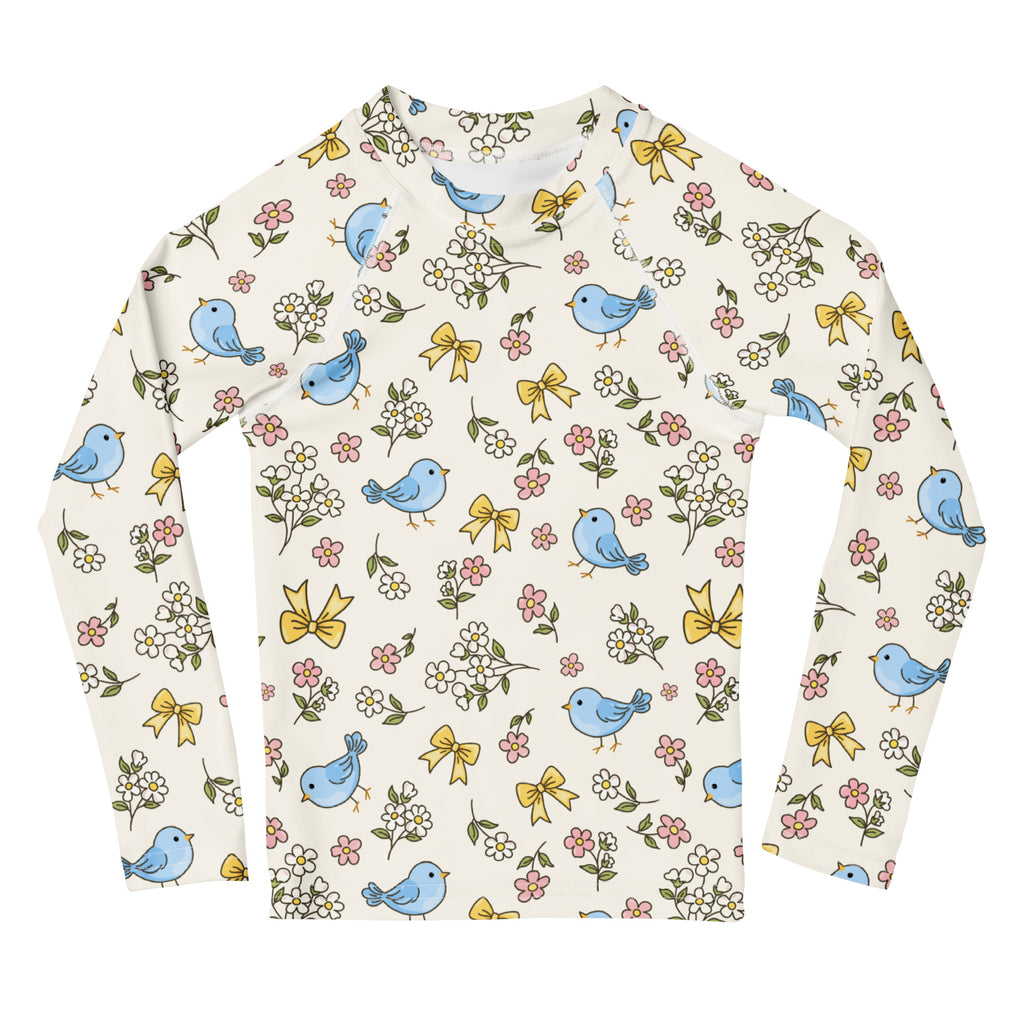 Kids Blue Bird Floral Long Sleeve Rash Guard Swim Shirt – Buttery Soft, Sun Safe UPF 50+ Protection, Quick Dry & 4-Way Stretch Comfort