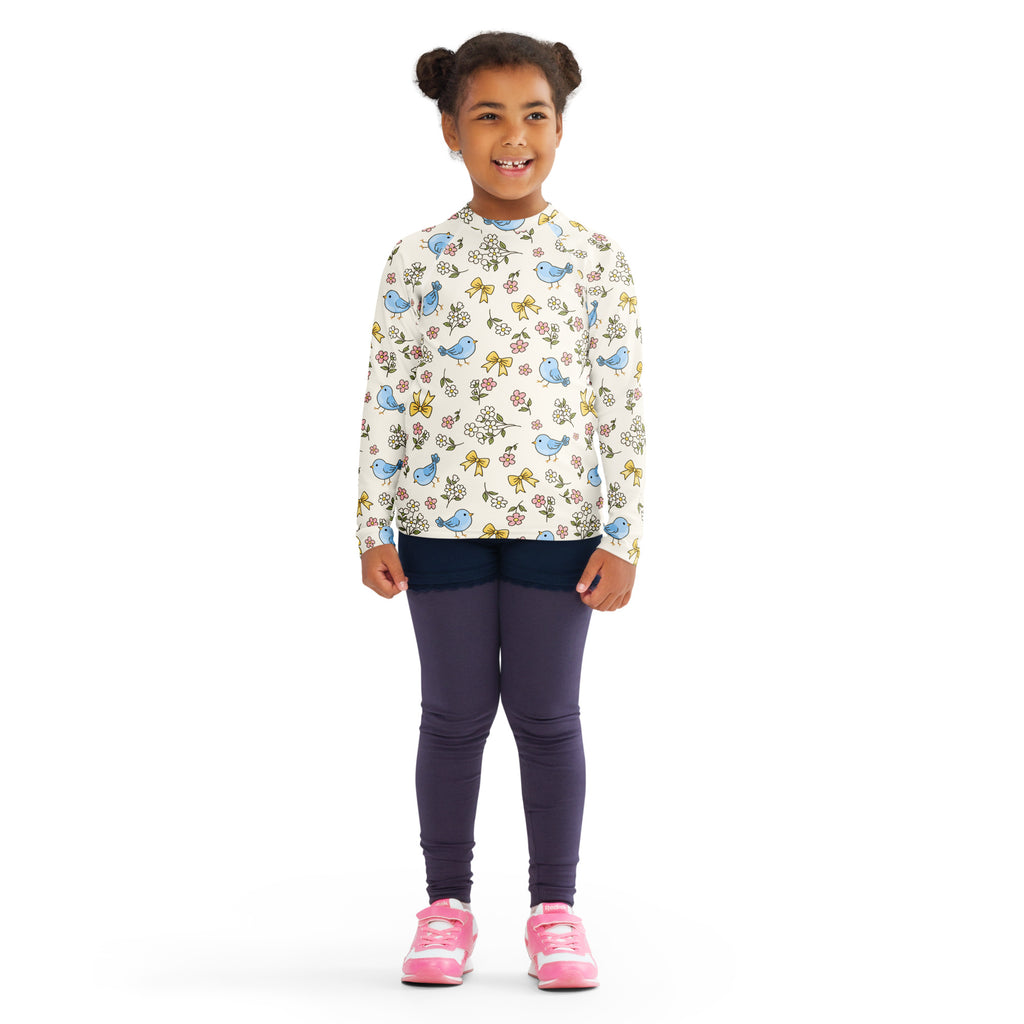 Kids Blue Bird Floral Long Sleeve Rash Guard Swim Shirt – Buttery Soft, Sun Safe UPF 50+ Protection, Quick Dry & 4-Way Stretch Comfort
