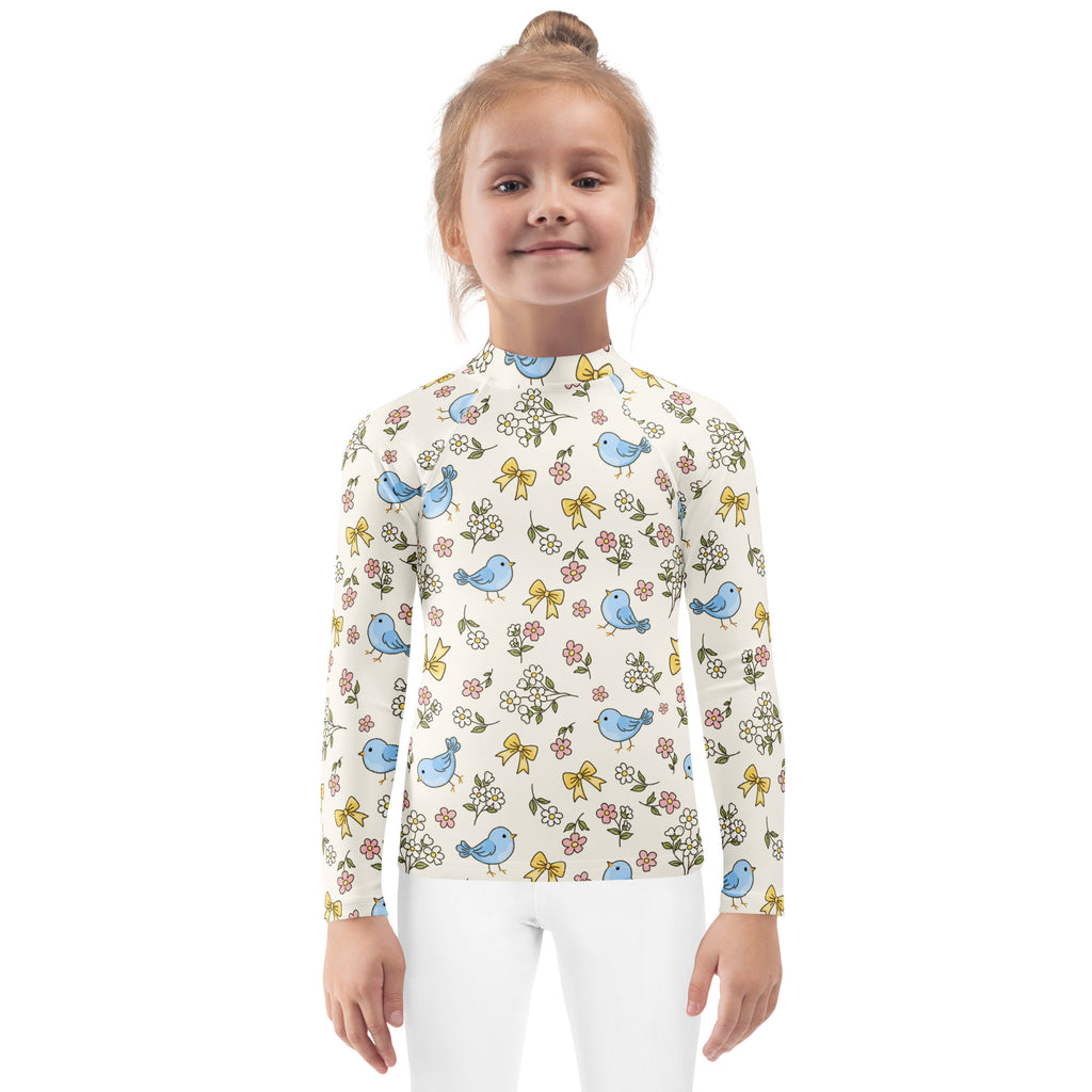 Kids Blue Bird Floral Long Sleeve Rash Guard Swim Shirt – Buttery Soft, Sun Safe UPF 50+ Protection, Quick Dry & 4-Way Stretch Comfort