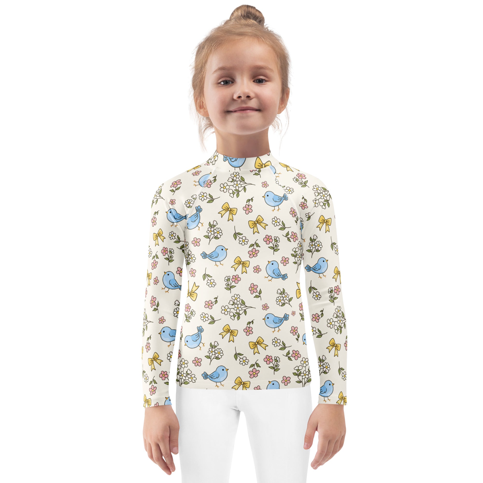 Kids Blue Bird Floral Long Sleeve Rash Guard Swim Shirt – Buttery Soft, Sun Safe UPF 50+ Protection, Quick Dry & 4-Way Stretch Comfort