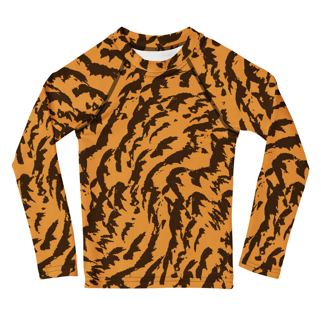 Kids Tiger Print Long Sleeve Rash Guard Swim Shirt – Buttery Soft, Sun Safe UPF 50+ Protection, Quick Dry & 4-Way Stretch Comfort