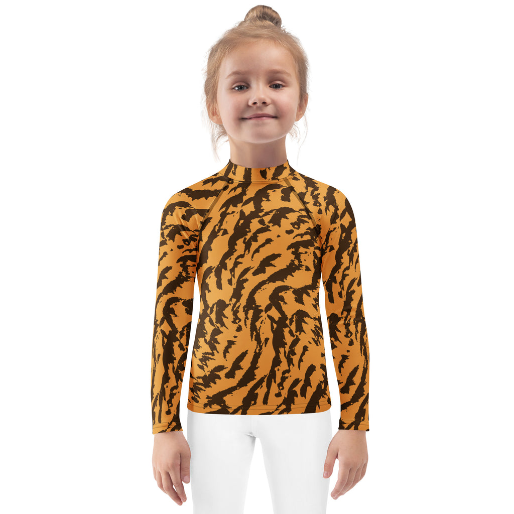 Kids Tiger Print Long Sleeve Rash Guard Swim Shirt – Buttery Soft, Sun Safe UPF 50+ Protection, Quick Dry & 4-Way Stretch Comfort
