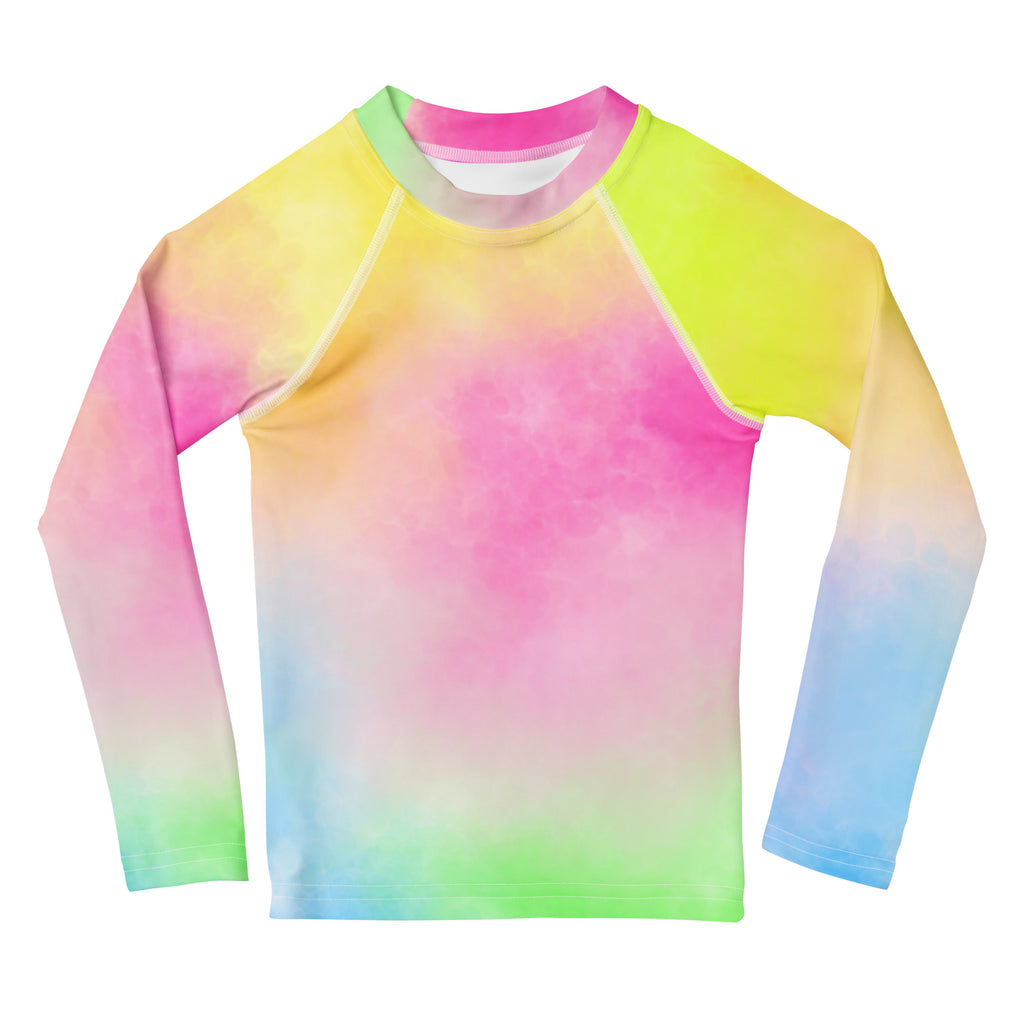 Girls Pastel Rainbow Tie Dye Long Sleeve Rash Guard Swim Shirt – Buttery Soft, Sun Safe UPF 50+ Protection, Quick Dry & 4-Way Stretch Comfort