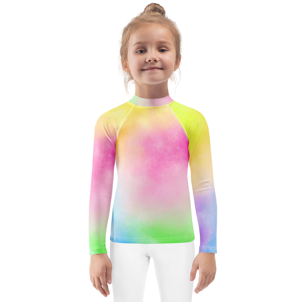 Girls Pastel Rainbow Tie Dye Long Sleeve Rash Guard Swim Shirt – Buttery Soft, Sun Safe UPF 50+ Protection, Quick Dry & 4-Way Stretch Comfort