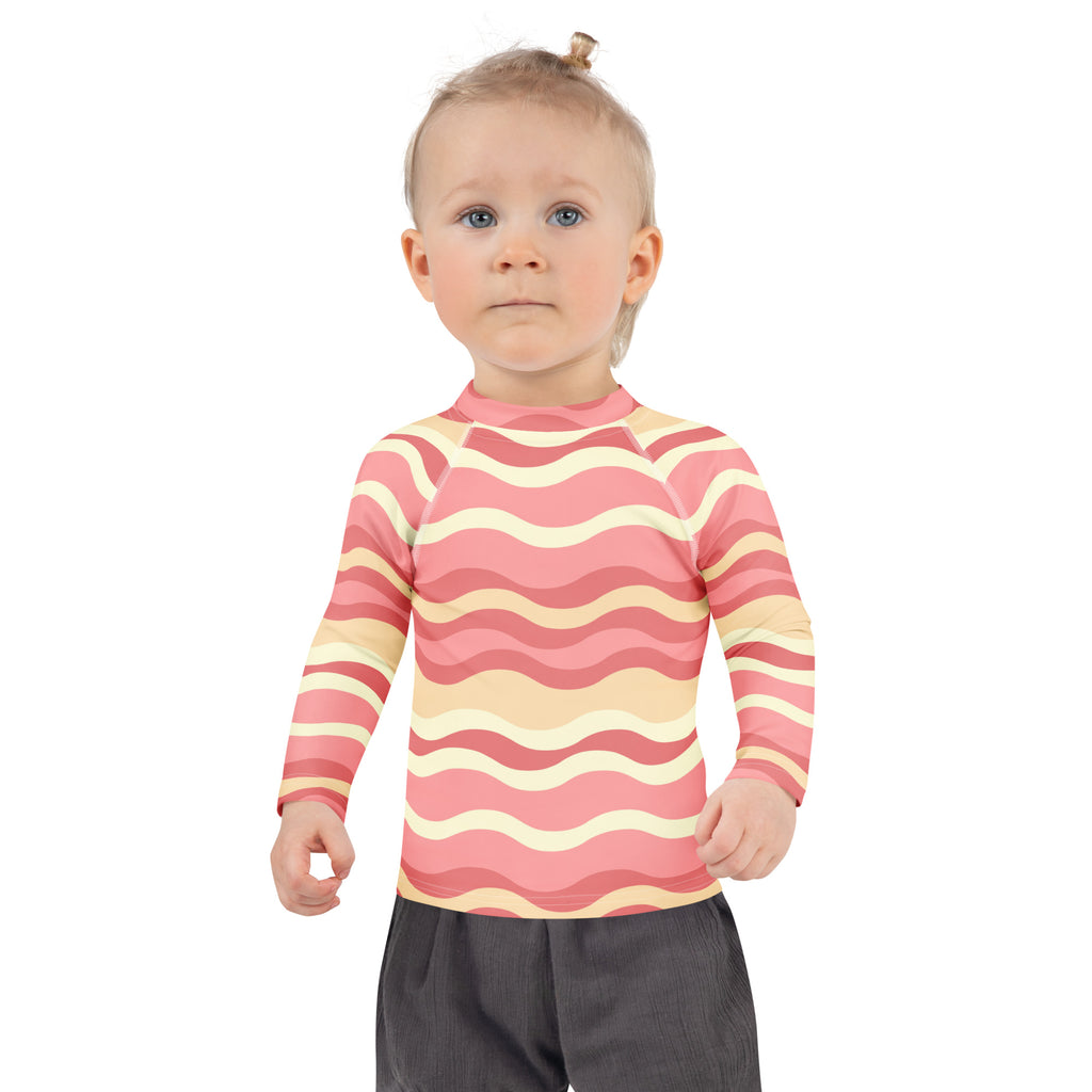 Kids Retro Pink Sand Waves Long Sleeve Rash Guard Swim Shirt – Buttery Soft, Sun Safe UPF 50+ Protection, Quick Dry & 4-Way Stretch Comfort
