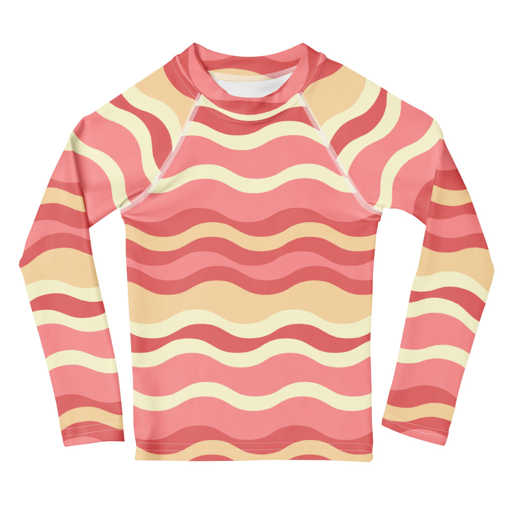 Kids Retro Pink Sand Waves Long Sleeve Rash Guard Swim Shirt – Buttery Soft, Sun Safe UPF 50+ Protection, Quick Dry & 4-Way Stretch Comfort