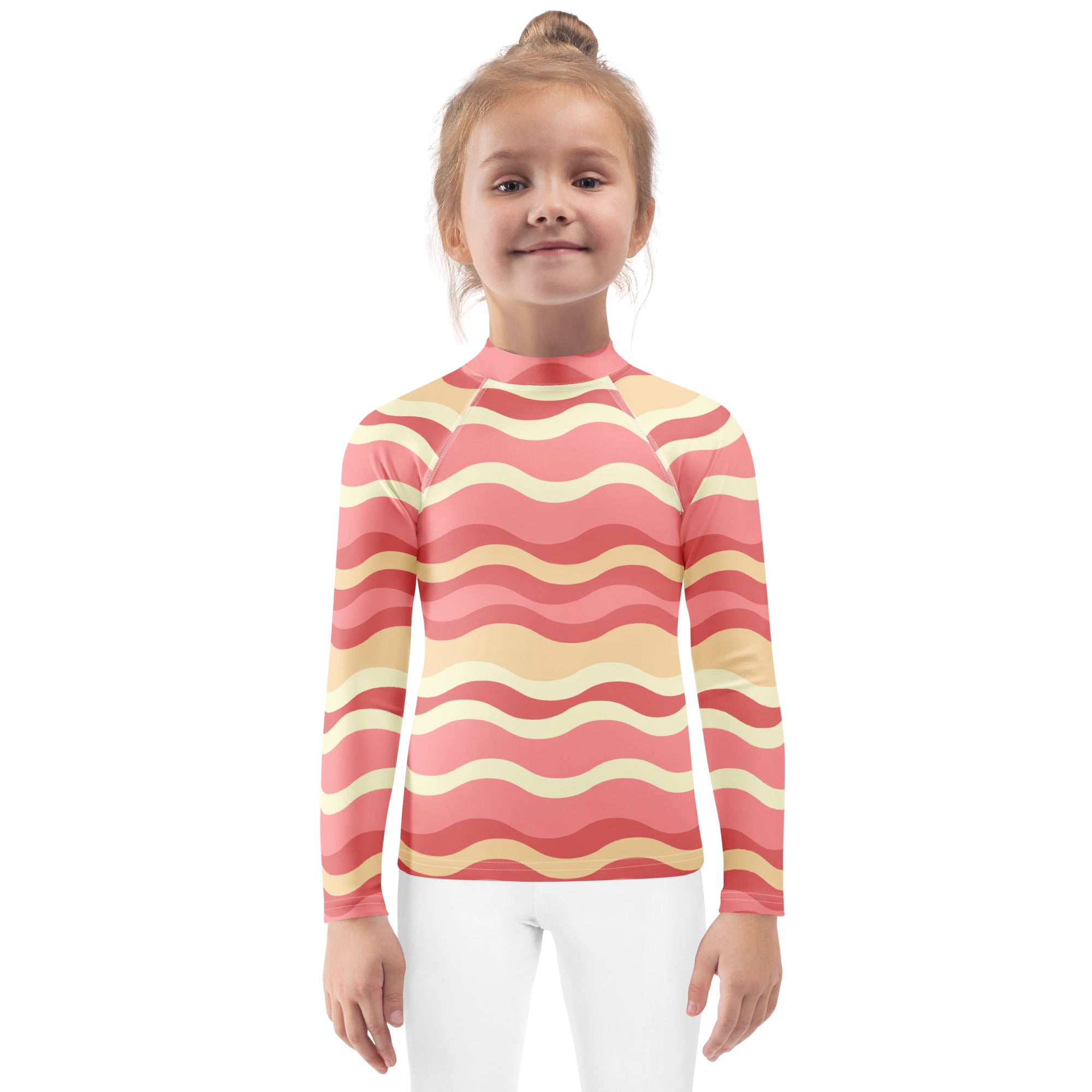 Kids Retro Pink Sand Waves Long Sleeve Rash Guard Swim Shirt – Buttery Soft, Sun Safe UPF 50+ Protection, Quick Dry & 4-Way Stretch Comfort