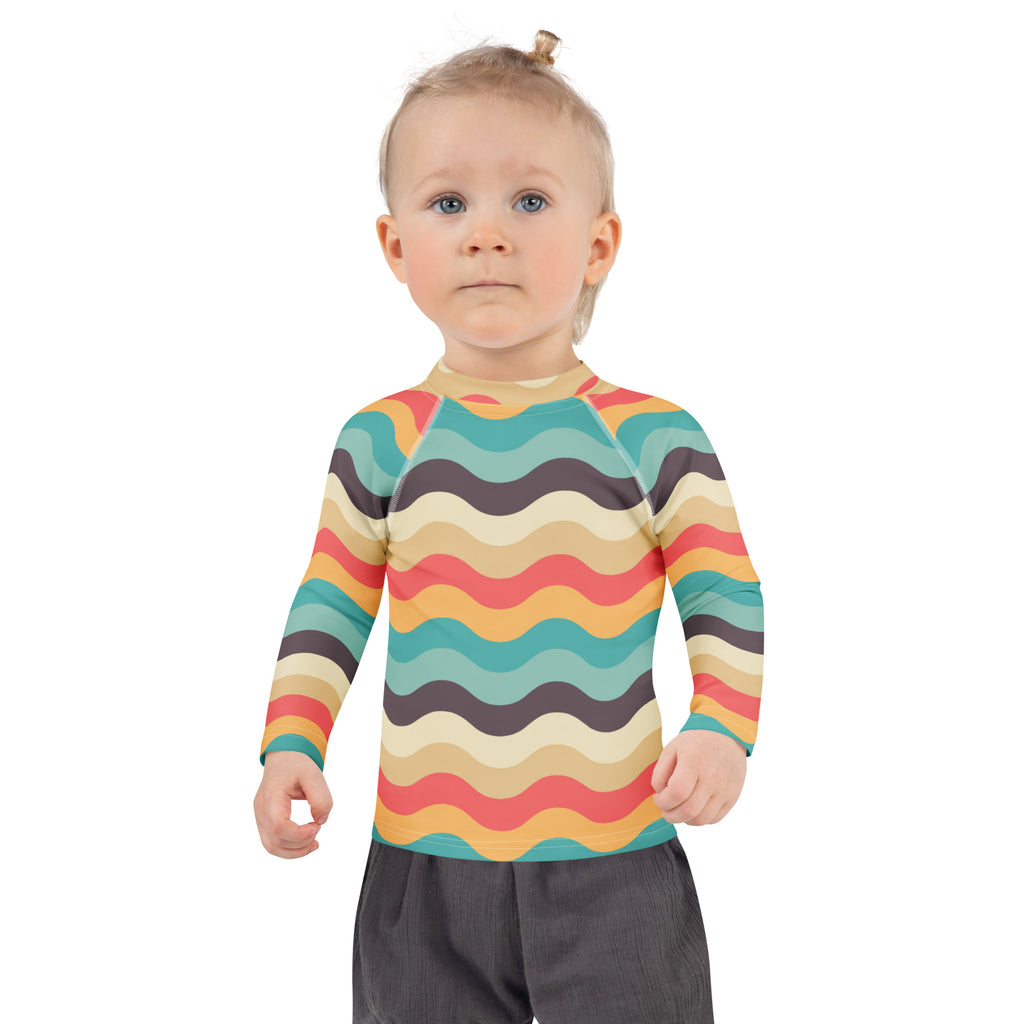 Kids Retro Beach Waves Long Sleeve Rash Guard Swim Shirt – Buttery Soft, Sun Safe UPF 50+ Protection, Quick Dry & 4-Way Stretch Comfort
