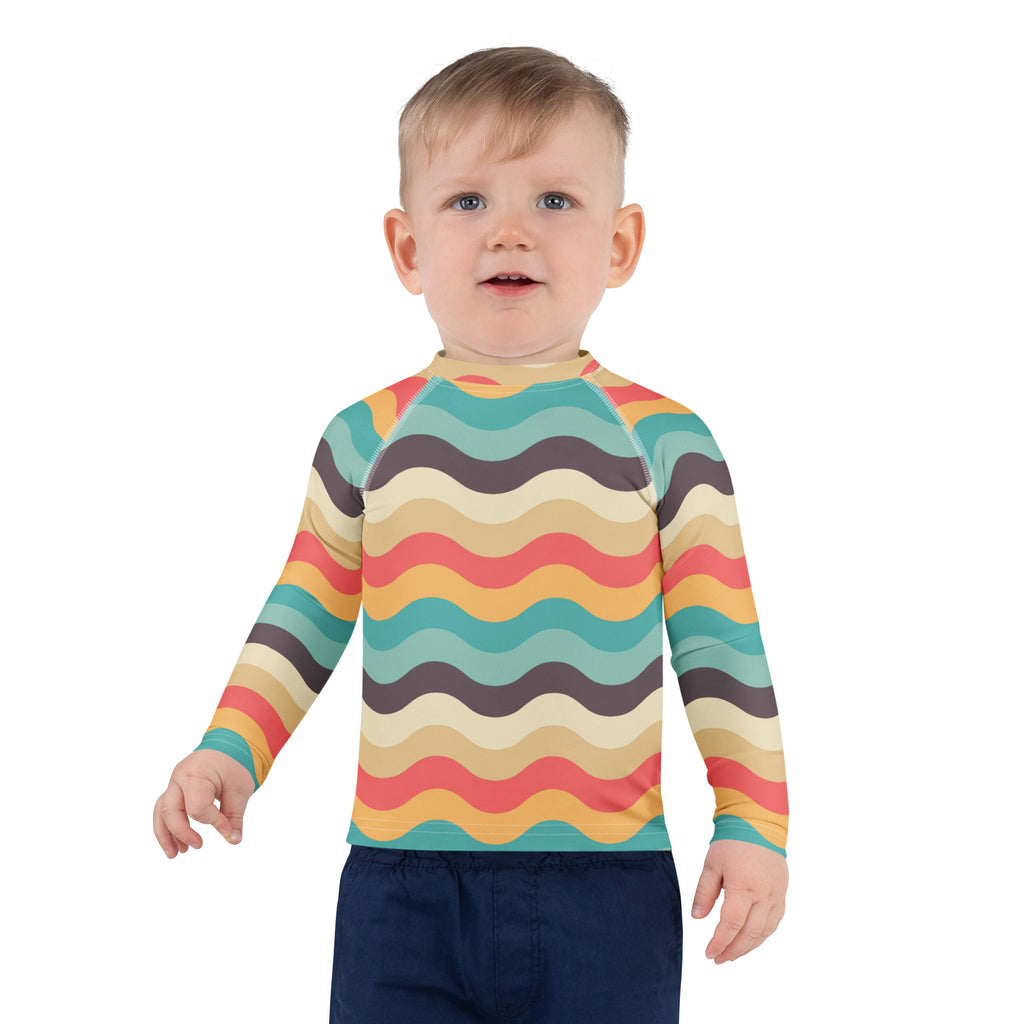 Kids Retro Beach Waves Long Sleeve Rash Guard Swim Shirt – Buttery Soft, Sun Safe UPF 50+ Protection, Quick Dry & 4-Way Stretch Comfort