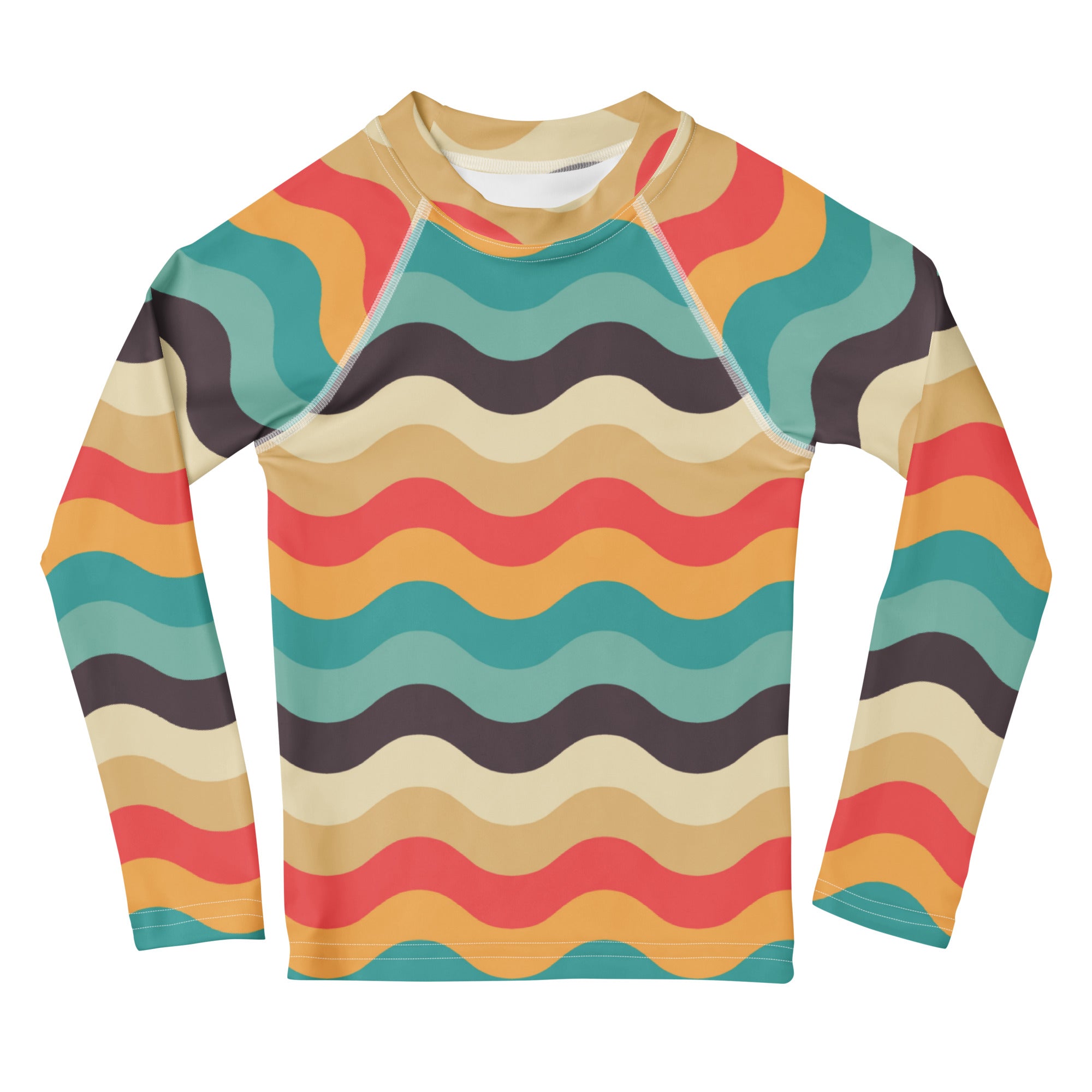 Kids Retro Beach Waves Long Sleeve Rash Guard Swim Shirt – Buttery Soft, Sun Safe UPF 50+ Protection, Quick Dry & 4-Way Stretch Comfort