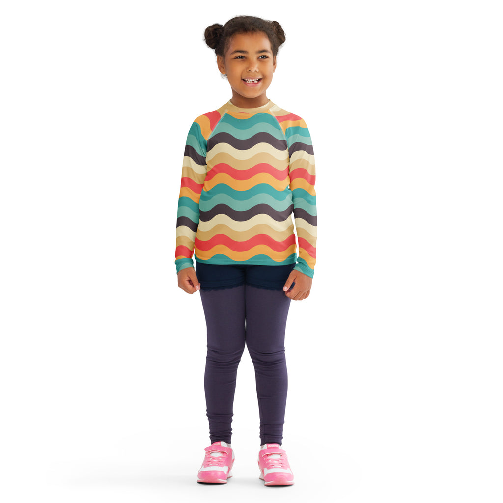 Kids Retro Beach Waves Long Sleeve Rash Guard Swim Shirt – Buttery Soft, Sun Safe UPF 50+ Protection, Quick Dry & 4-Way Stretch Comfort