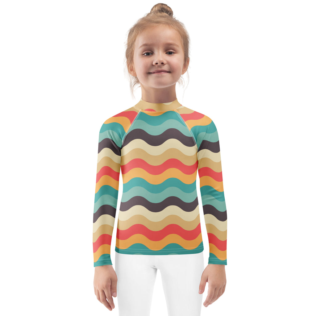 Kids Retro Beach Waves Long Sleeve Rash Guard Swim Shirt – Buttery Soft, Sun Safe UPF 50+ Protection, Quick Dry & 4-Way Stretch Comfort