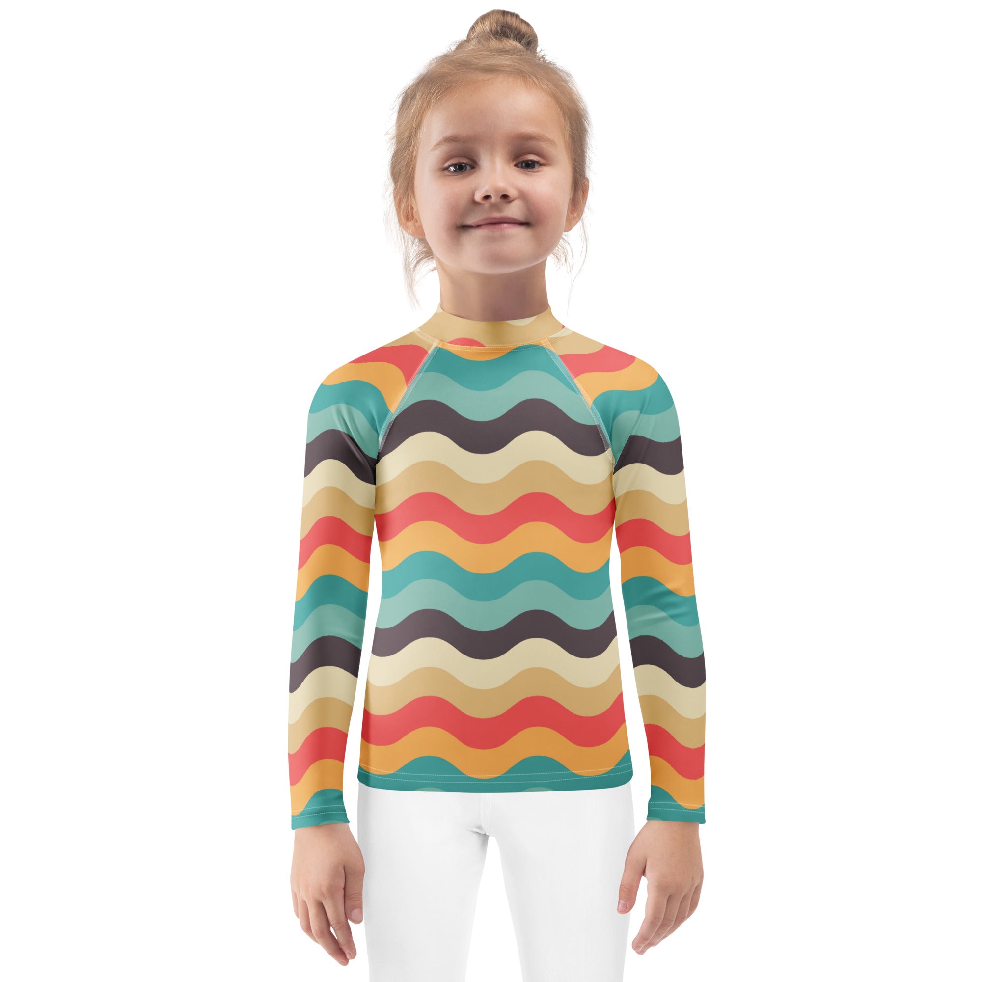 Kids Retro Beach Waves Long Sleeve Rash Guard Swim Shirt – Buttery Soft, Sun Safe UPF 50+ Protection, Quick Dry & 4-Way Stretch Comfort