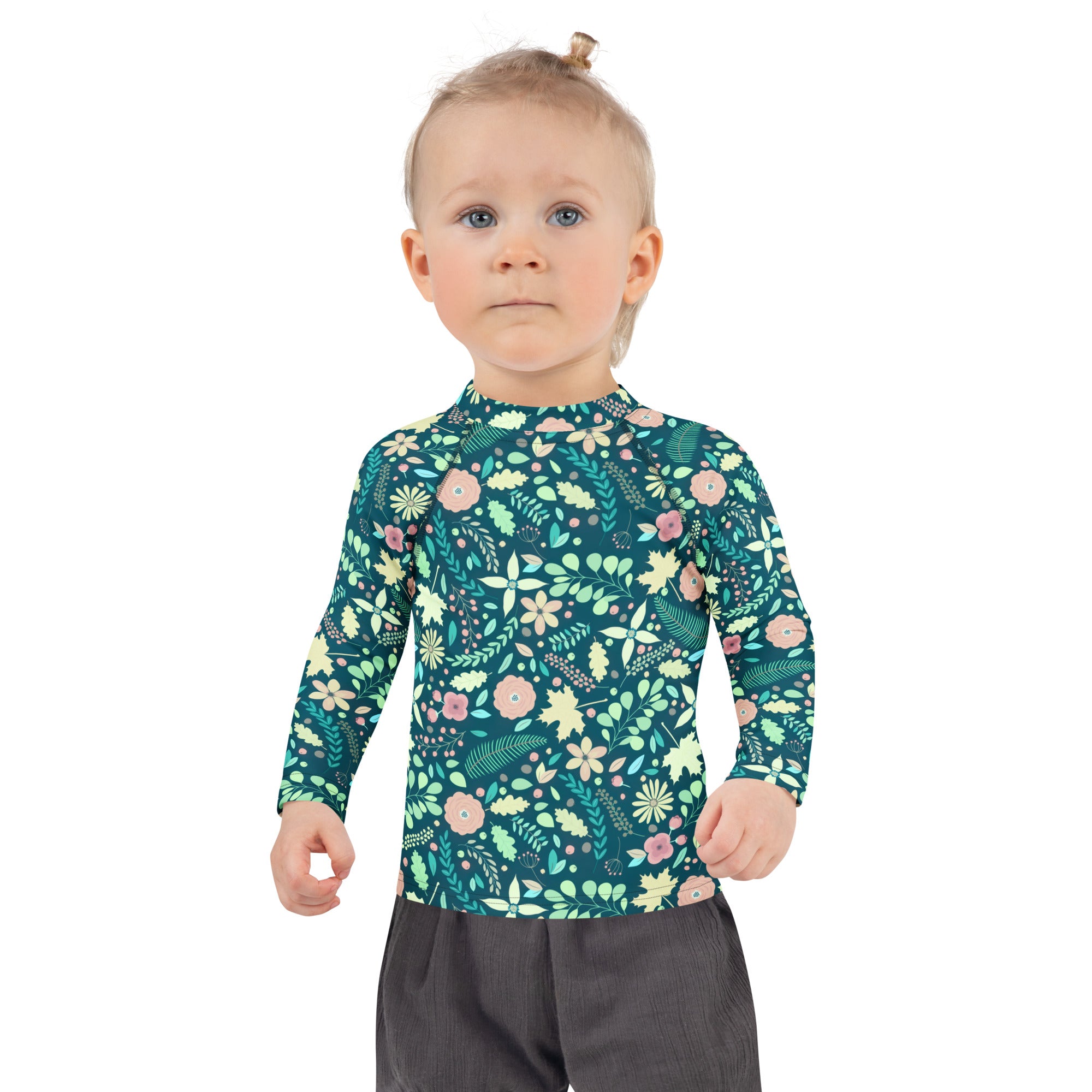 Kids Tropical Green Wildflower Garden Long Sleeve Rash Guard Swim Shirt – Buttery Soft, Sun Safe UPF 50+ Protection, Quick Dry & 4-Way Stretch Comfort
