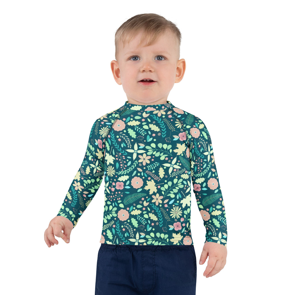 Kids Tropical Green Wildflower Garden Long Sleeve Rash Guard Swim Shirt – Buttery Soft, Sun Safe UPF 50+ Protection, Quick Dry & 4-Way Stretch Comfort