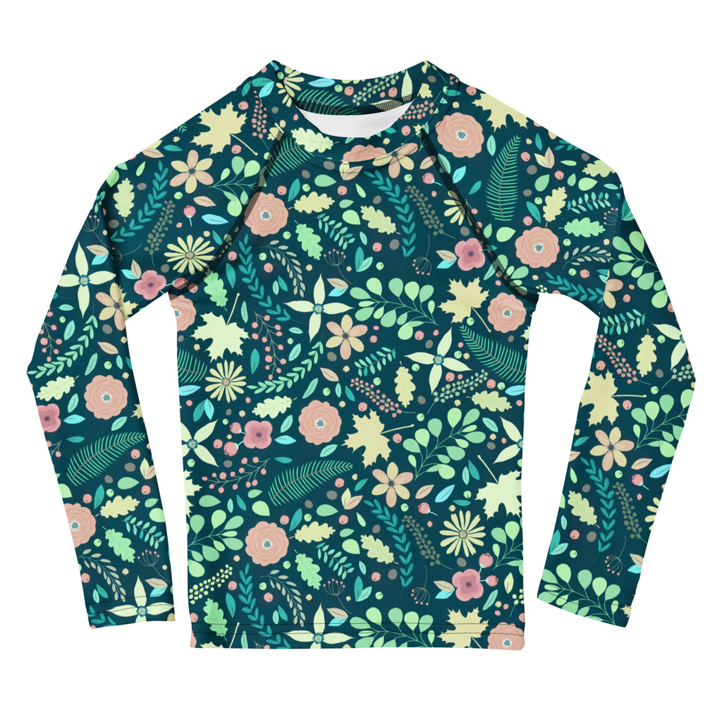 Kids Tropical Green Wildflower Garden Long Sleeve Rash Guard Swim Shirt – Buttery Soft, Sun Safe UPF 50+ Protection, Quick Dry & 4-Way Stretch Comfort